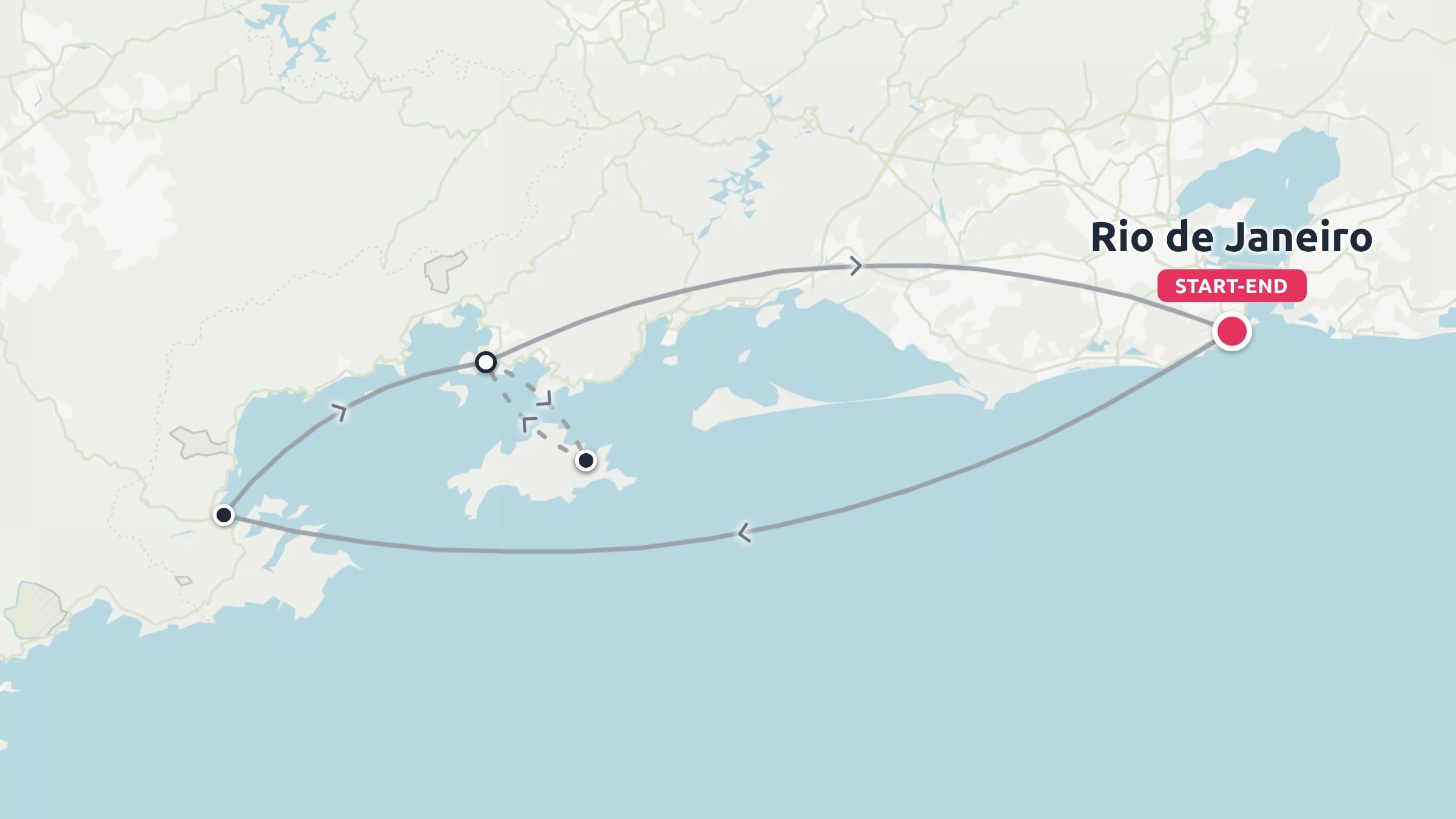 A travel route map showing a coastal loop itinerary starting and ending in Rio de Janeiro.