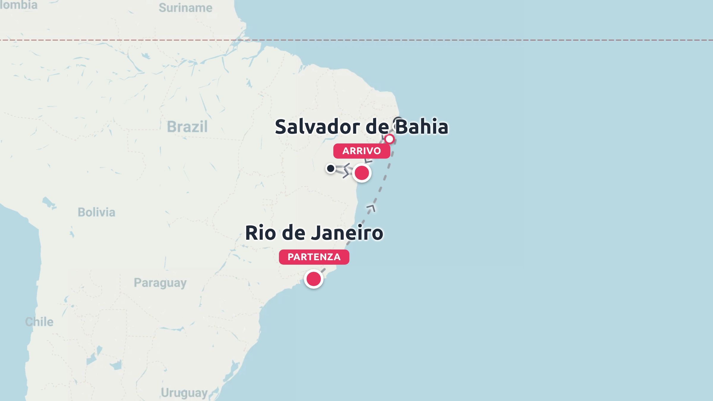 Una mappa di viaggio del Brasile che mostra un itinerario con partenza da Rio de Janeiro e arrivo a Salvador da Bahia.