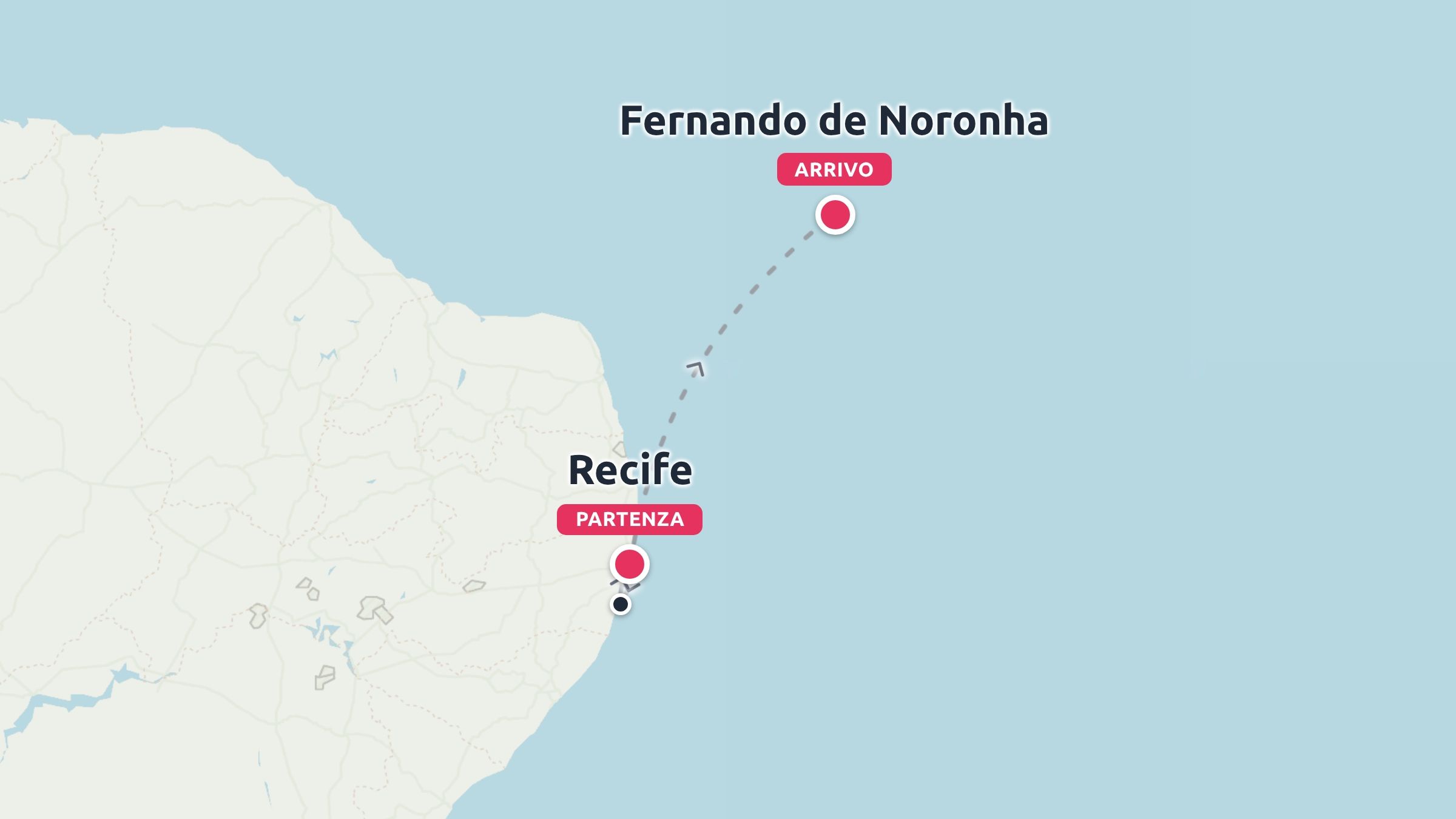 Mappa che mostra un itinerario di viaggio che collega Recife a Fernando de Noronha sull'oceano