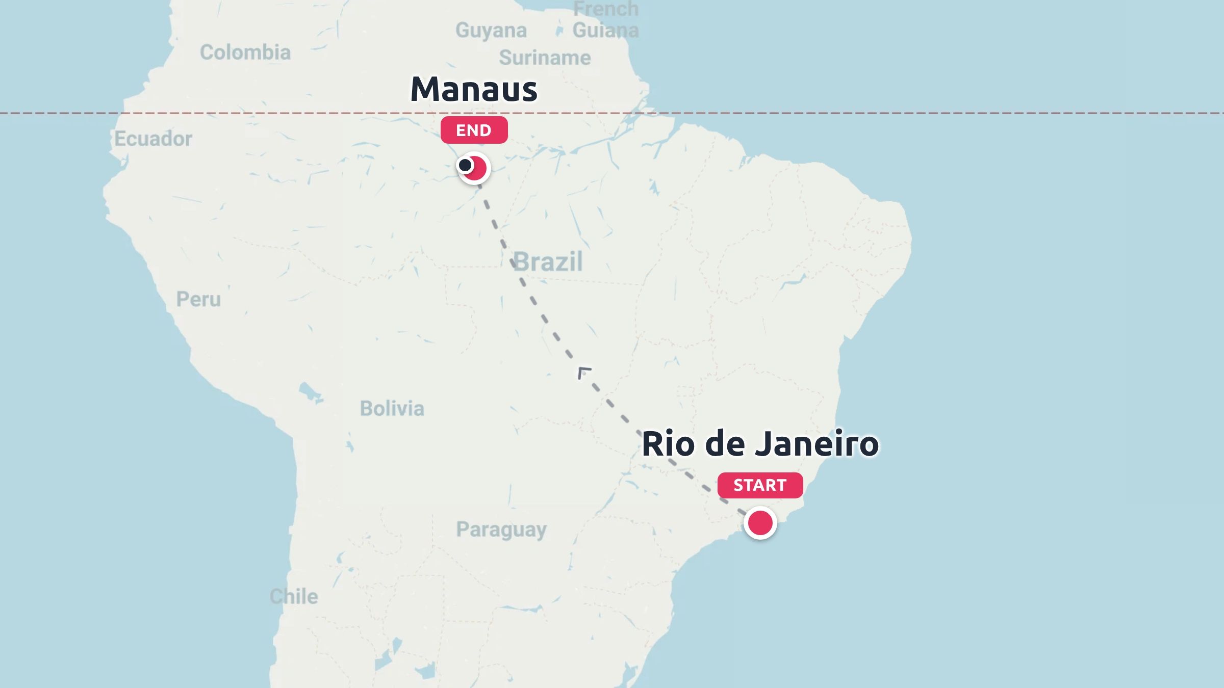 A map of South America showing a travel route starting in Rio de Janeiro and ending in Manaus, Brazil.