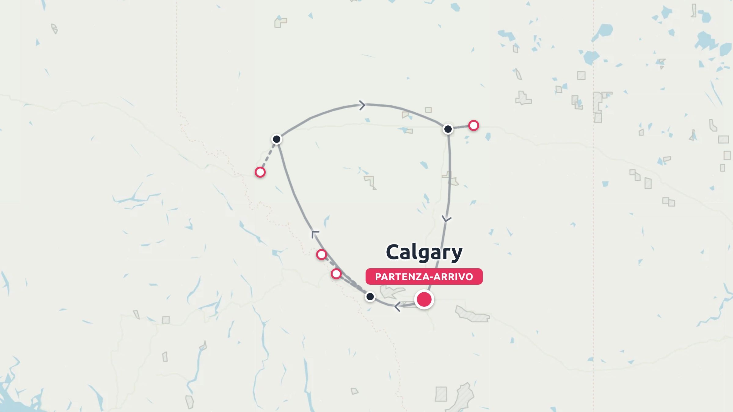 Una mappa di itinerario di viaggio che mostra un percorso circolare con partenza e arrivo a Calgary e fermate segnalate.