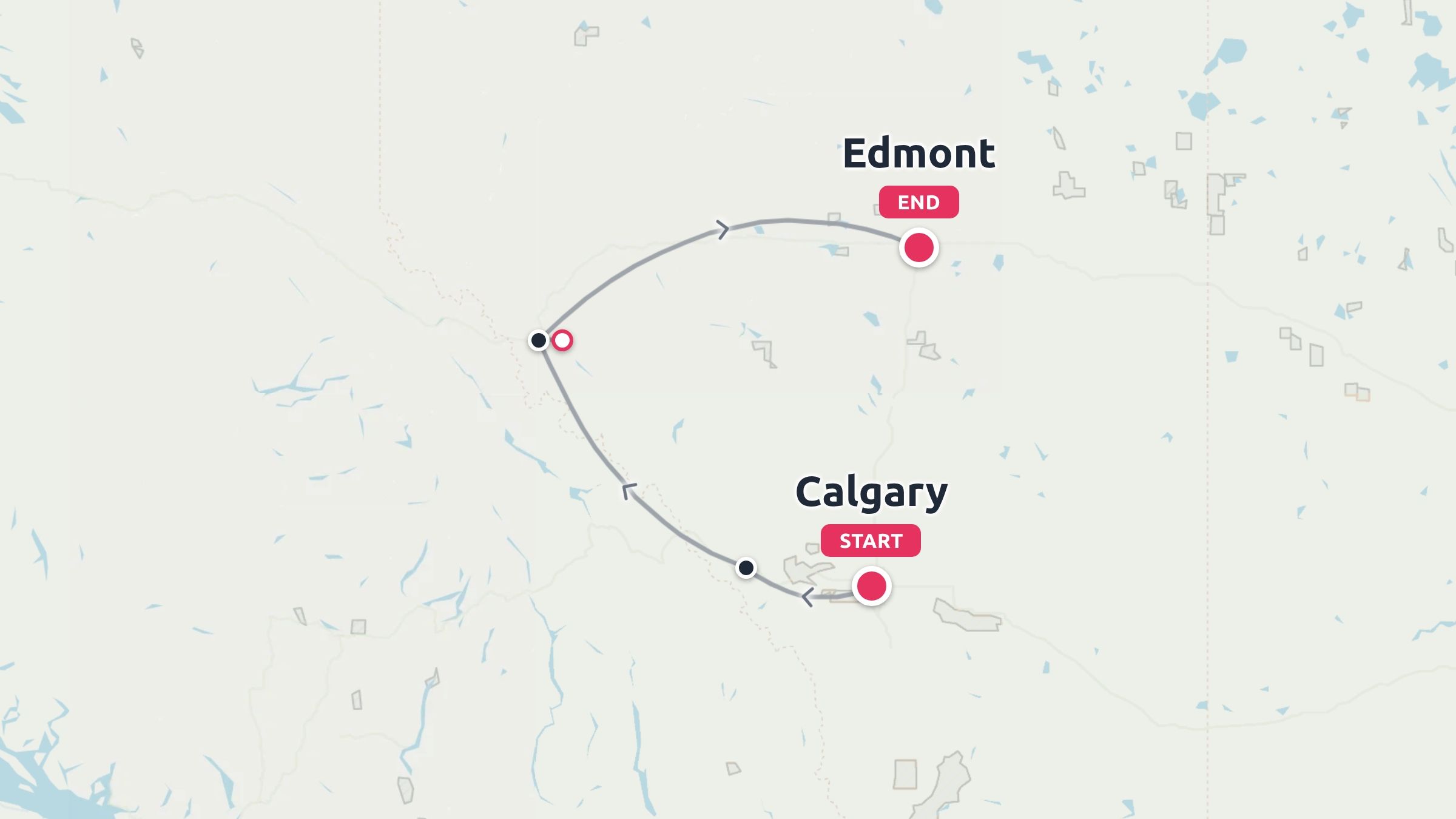 A travel route map showing a journey starting at Calgary and ending at Edmont with stops marked along the path.