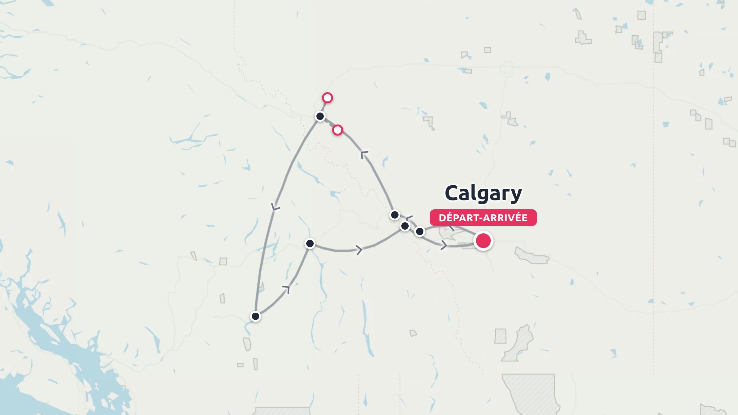 Un itineraire de voyage montrant une boucle de והoute en voiture au depart et a l'arrivee de Calgary avec plusieurs etapes.