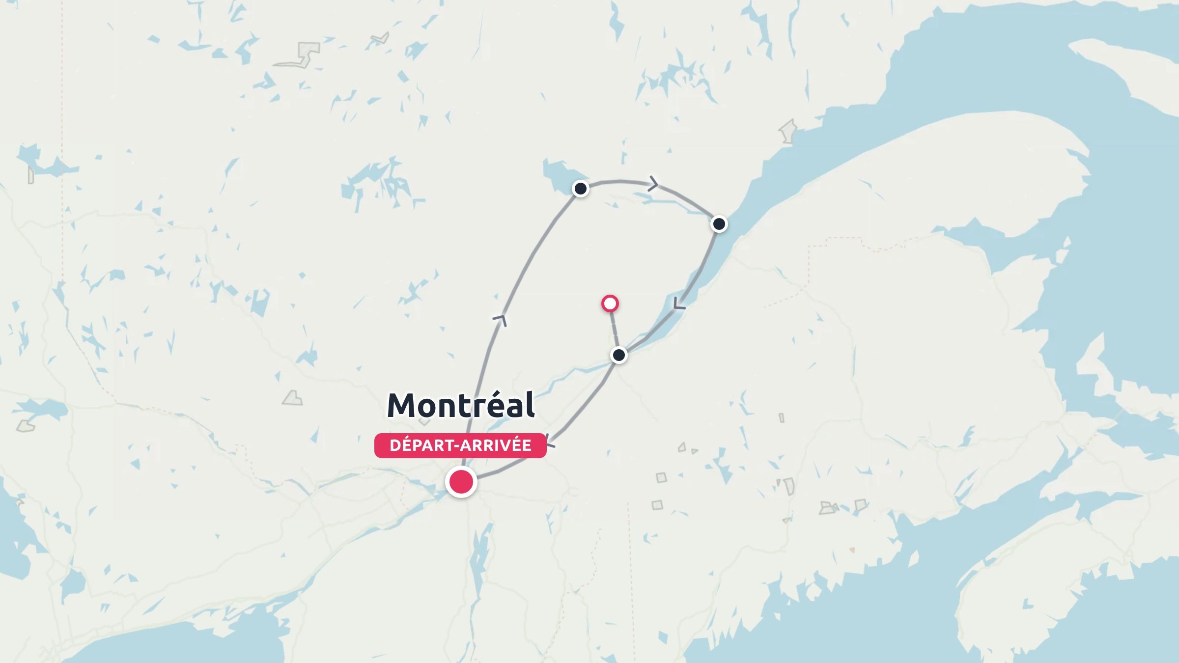 Une carte d'itinéraire de voyage montrant un parcours circulaire commençant et se terminant à Montréal avec plusieurs arrêts marqués.