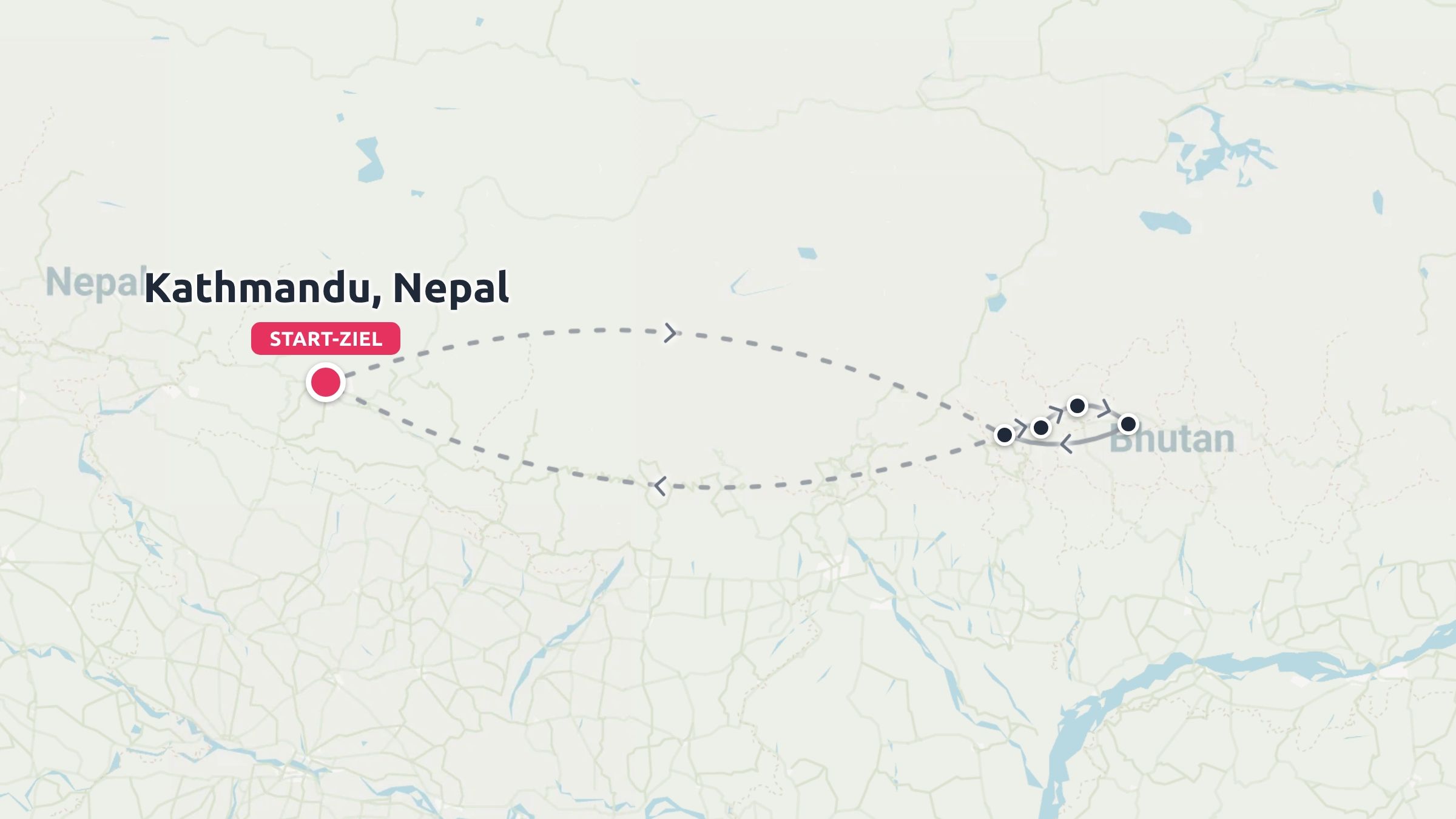 Eine Reiseroute, die eine Rundreise mit Start und Ziel in Kathmandu, Nepal, und Reisen durch Bhutan zeigt.