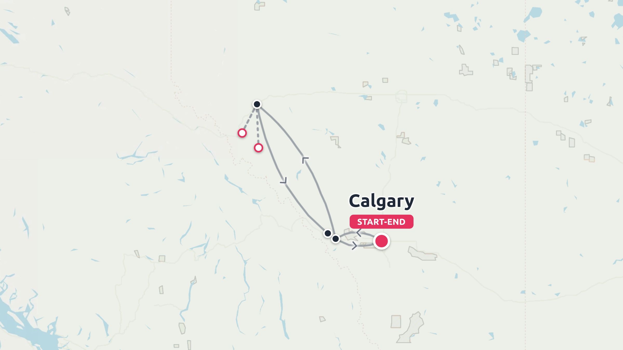 A travel route map showing a looped itinerary starting and ending in Calgary.