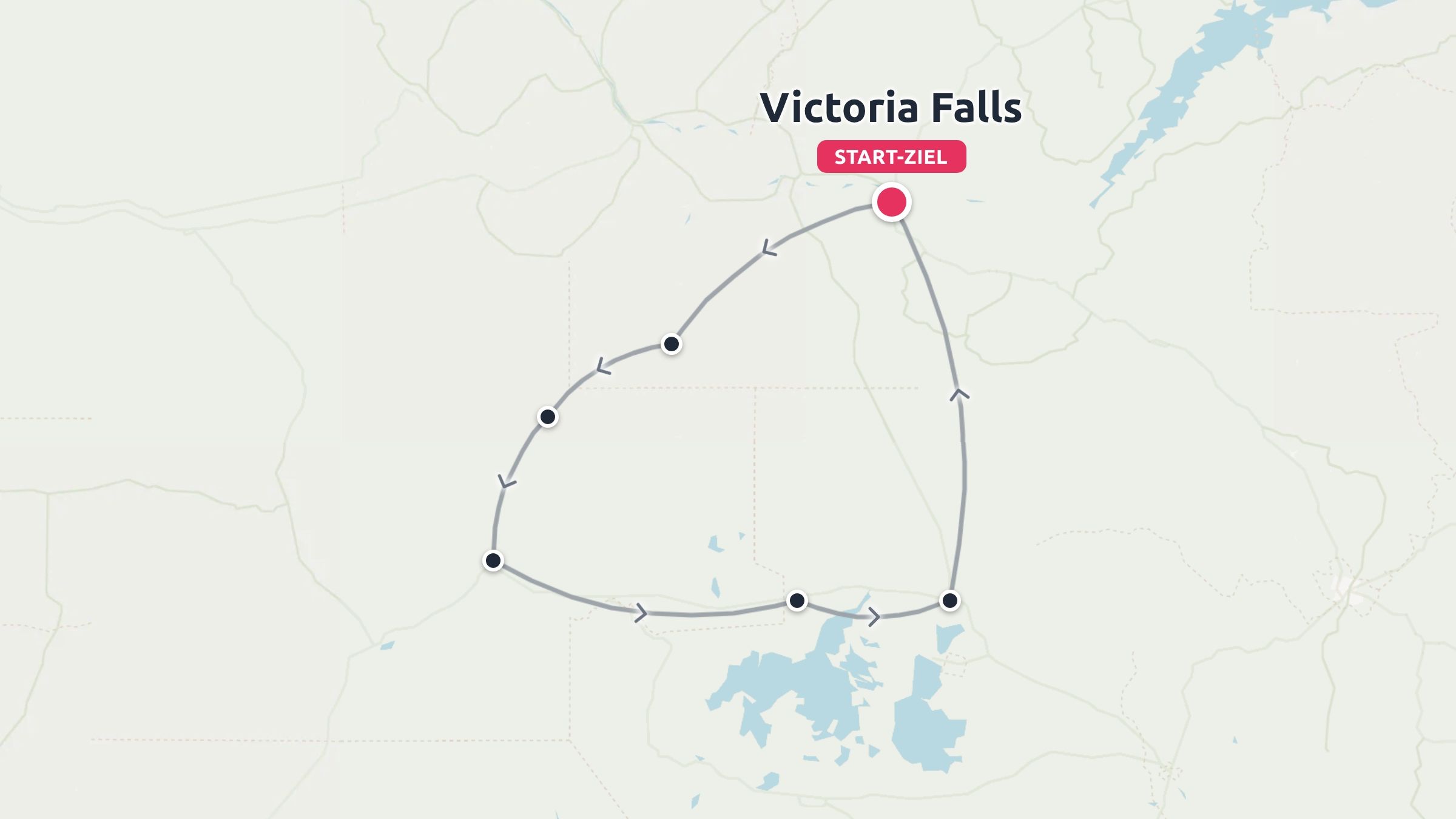 Reiseroute mit einer Rundreise, die an den Victoriafällen beginnt und endet, inklusive markierter Zwischenstopps.
