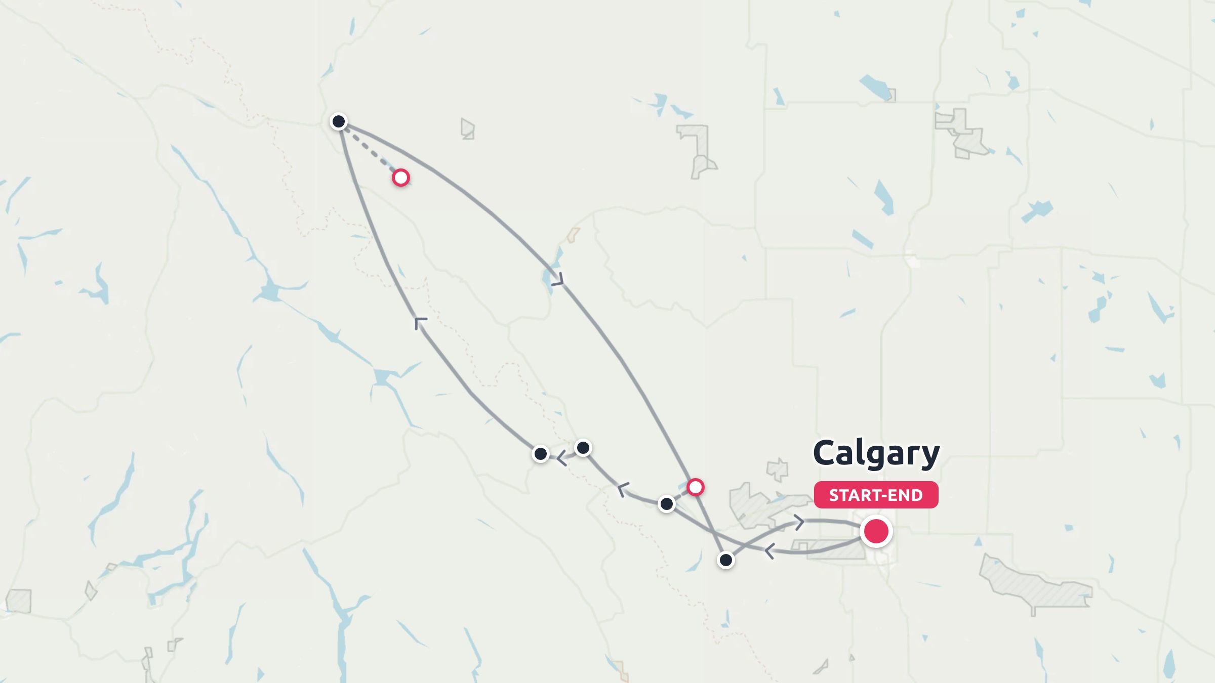 A travel route map showing a looped itinerary starting and ending in Calgary with marked destinations.