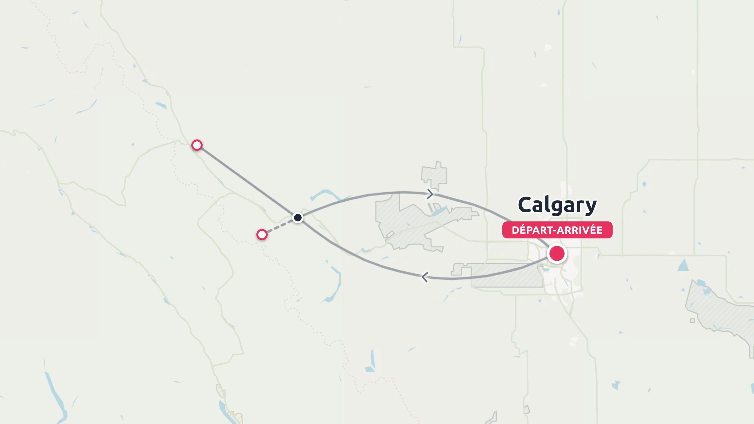 Une carte d'itinéraire de voyage présentant une boucle commençant et se terminant à Calgary.