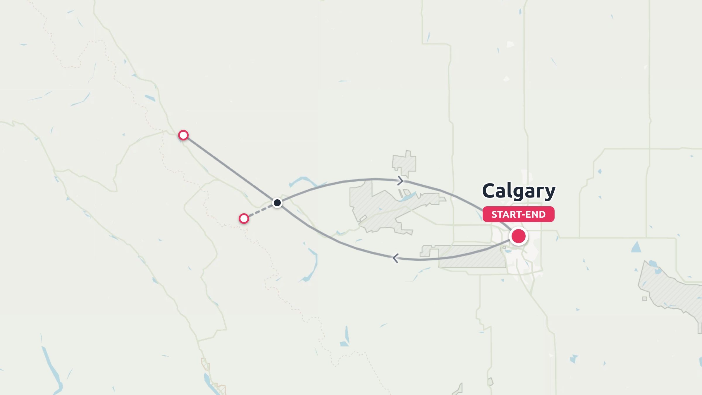 Travel route map showing a looped journey starting and ending in Calgary with multiple stops to the northwest.