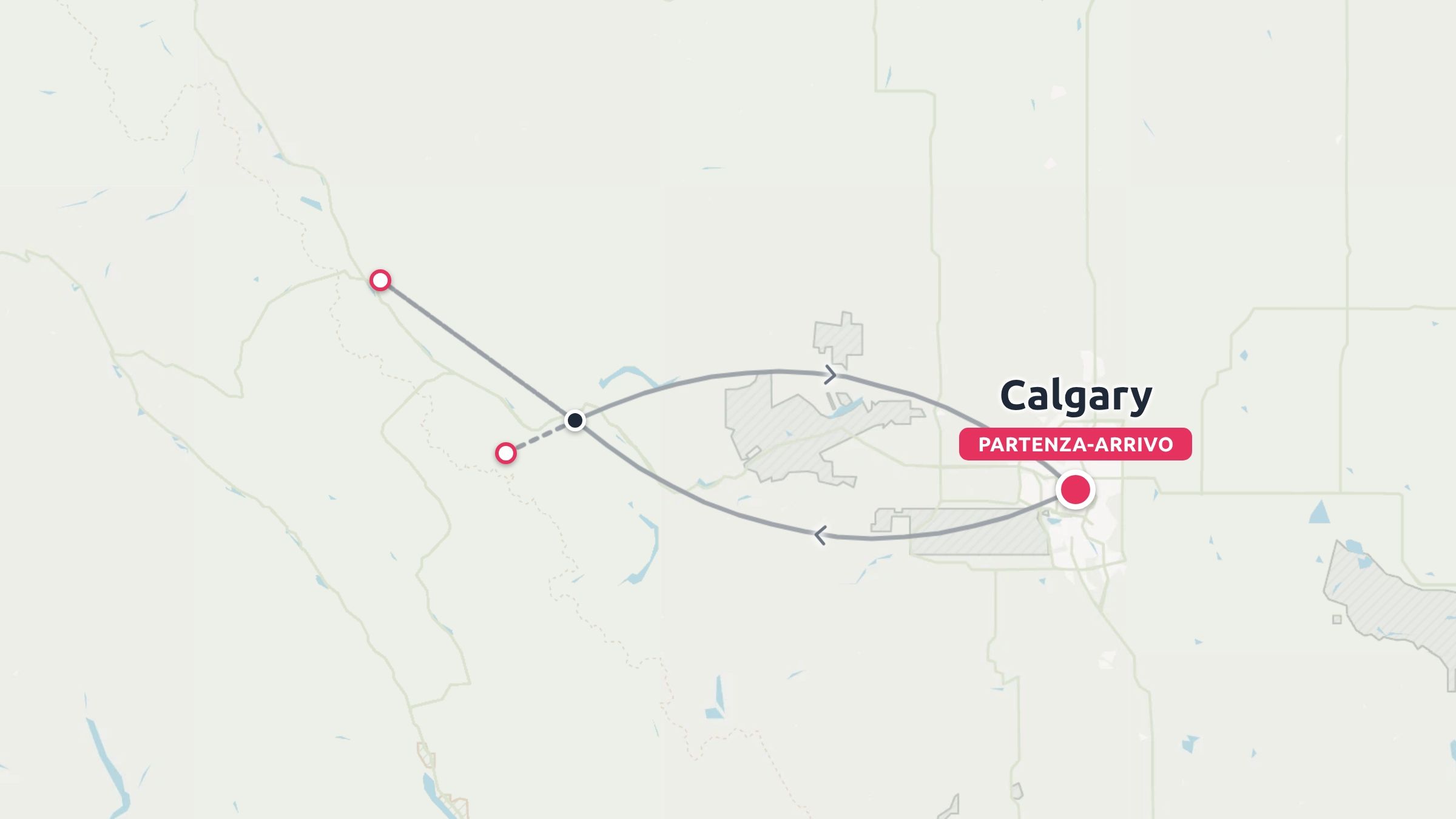 Mappa dell'itinerario di viaggio che mostra un percorso ad anello con partenza e arrivo a Calgary