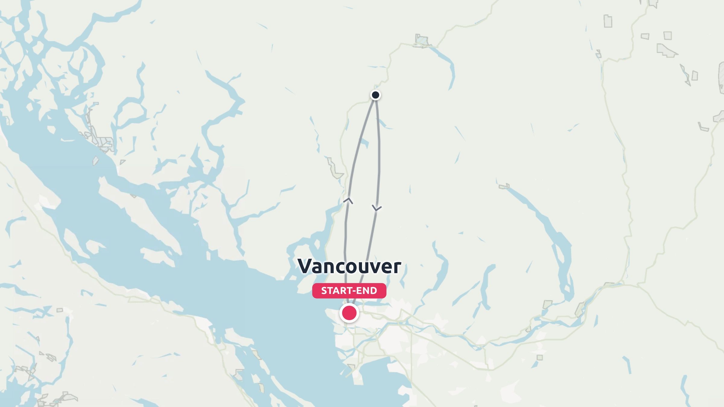 A travel route map showing a round-trip journey starting and ending in Vancouver, heading north and returning.