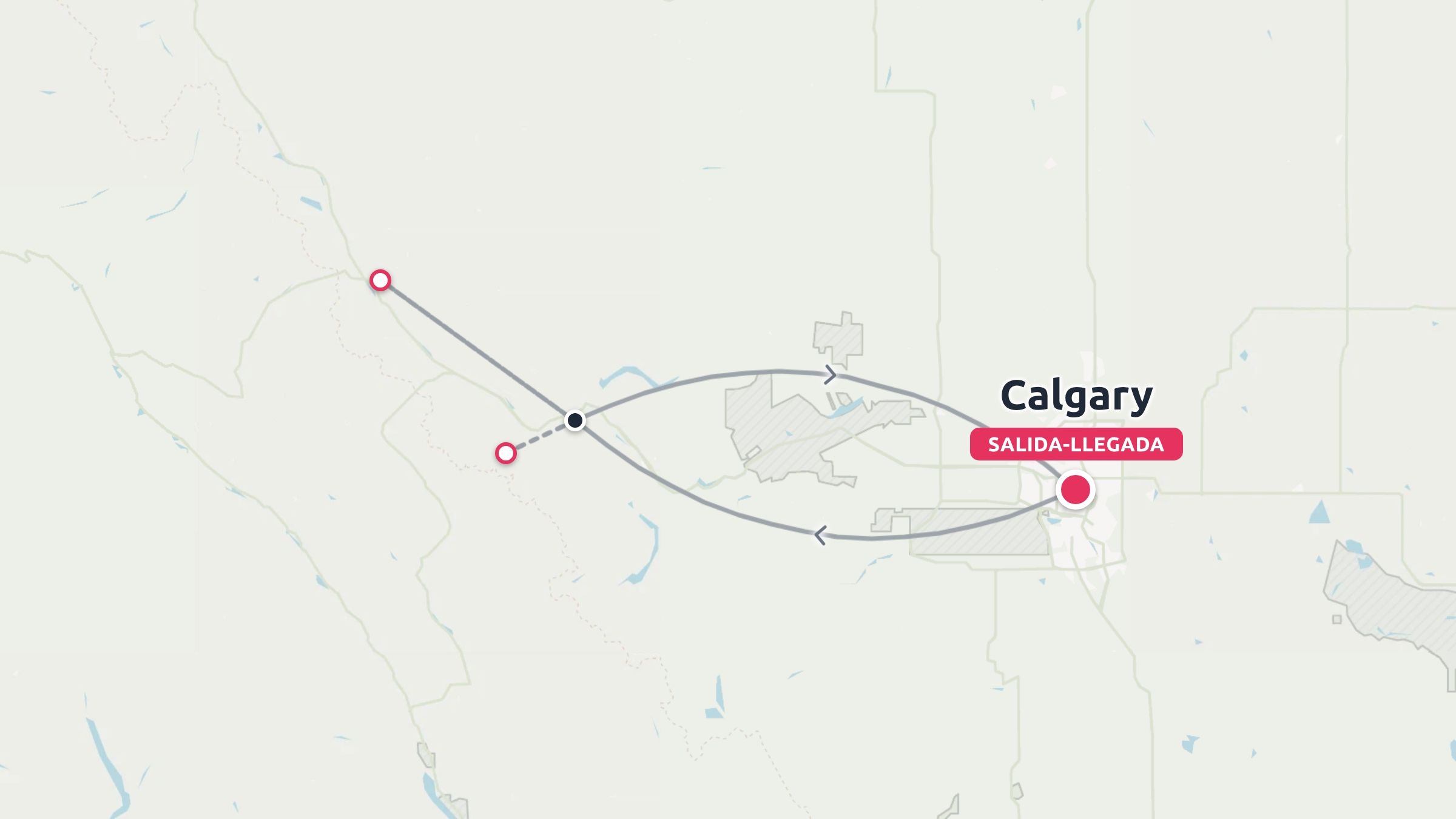 Un mapa de ruta de viaje que muestra un itinerario circular con inicio y fin en Calgary.