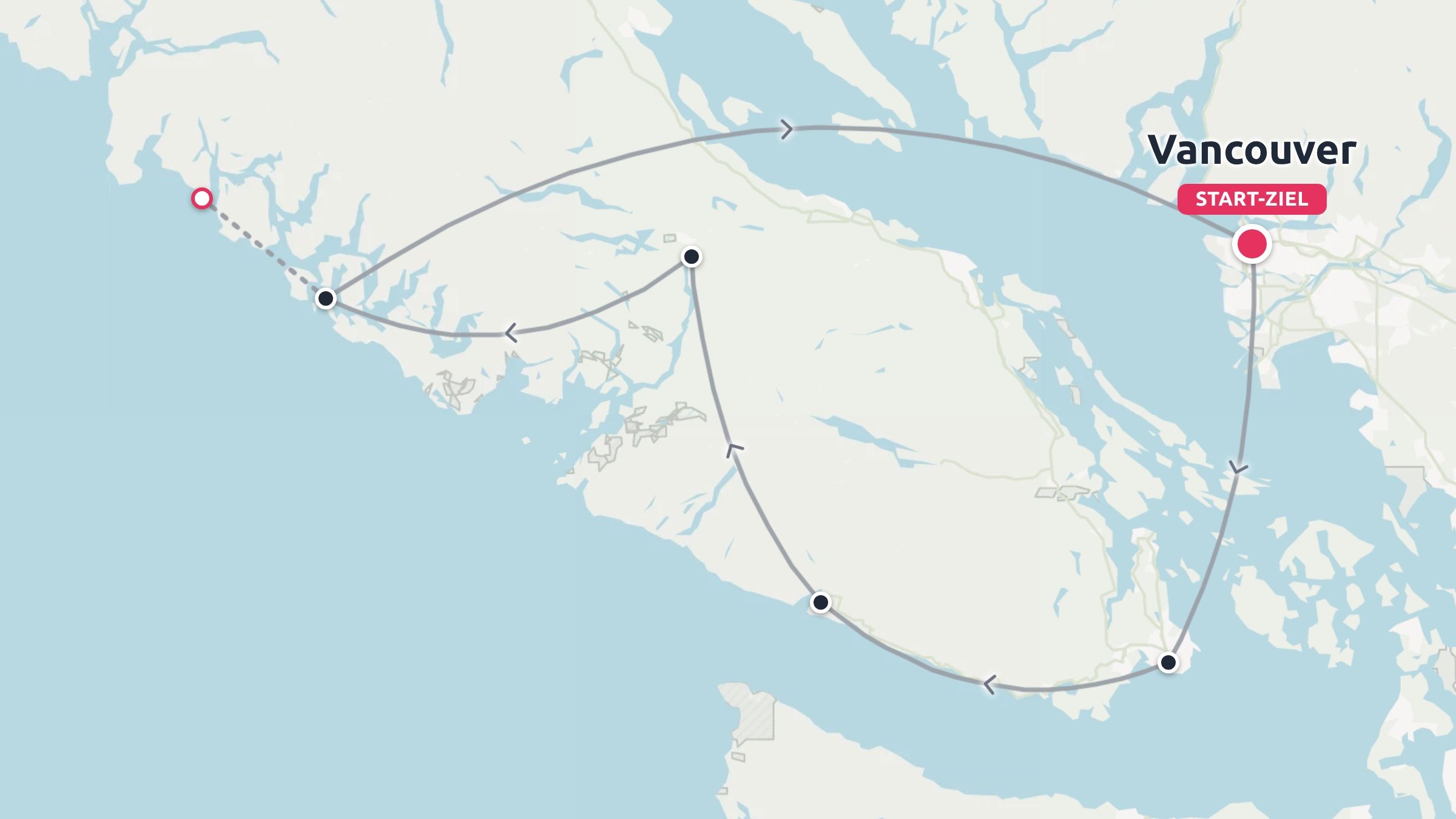 Reiseroute als Rundreise mit Start und Ziel in Vancouver durch Küstengebiete