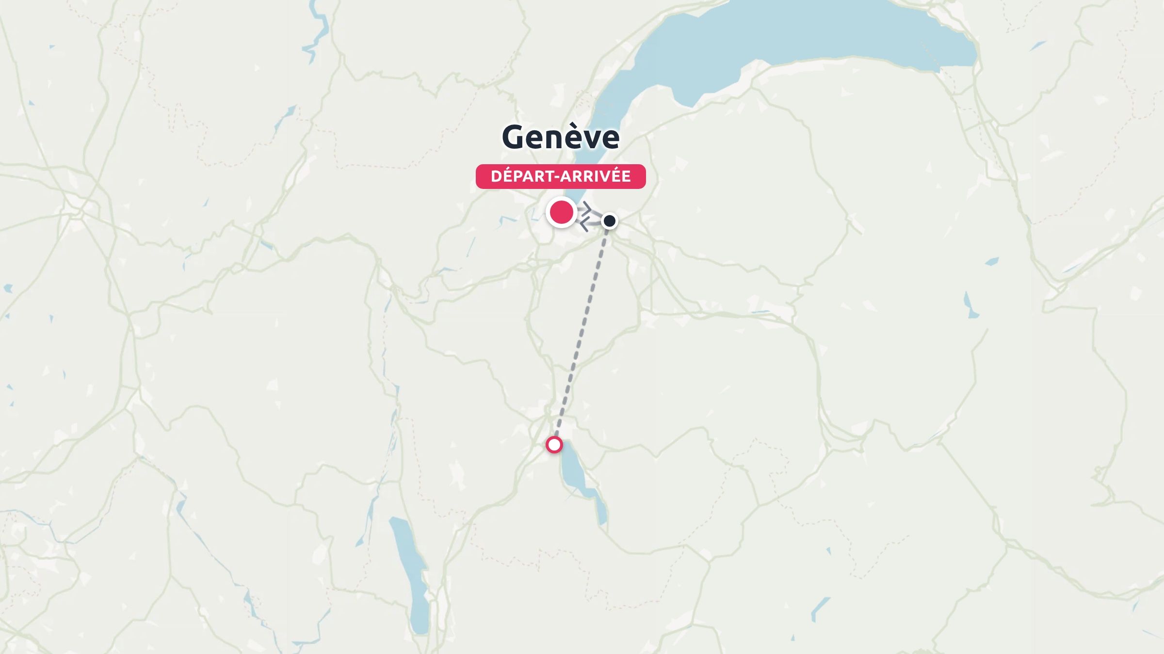 Carte montrant un itinéraire de voyage reliant le point de départ de Genève à une destination au sud près d'un lac