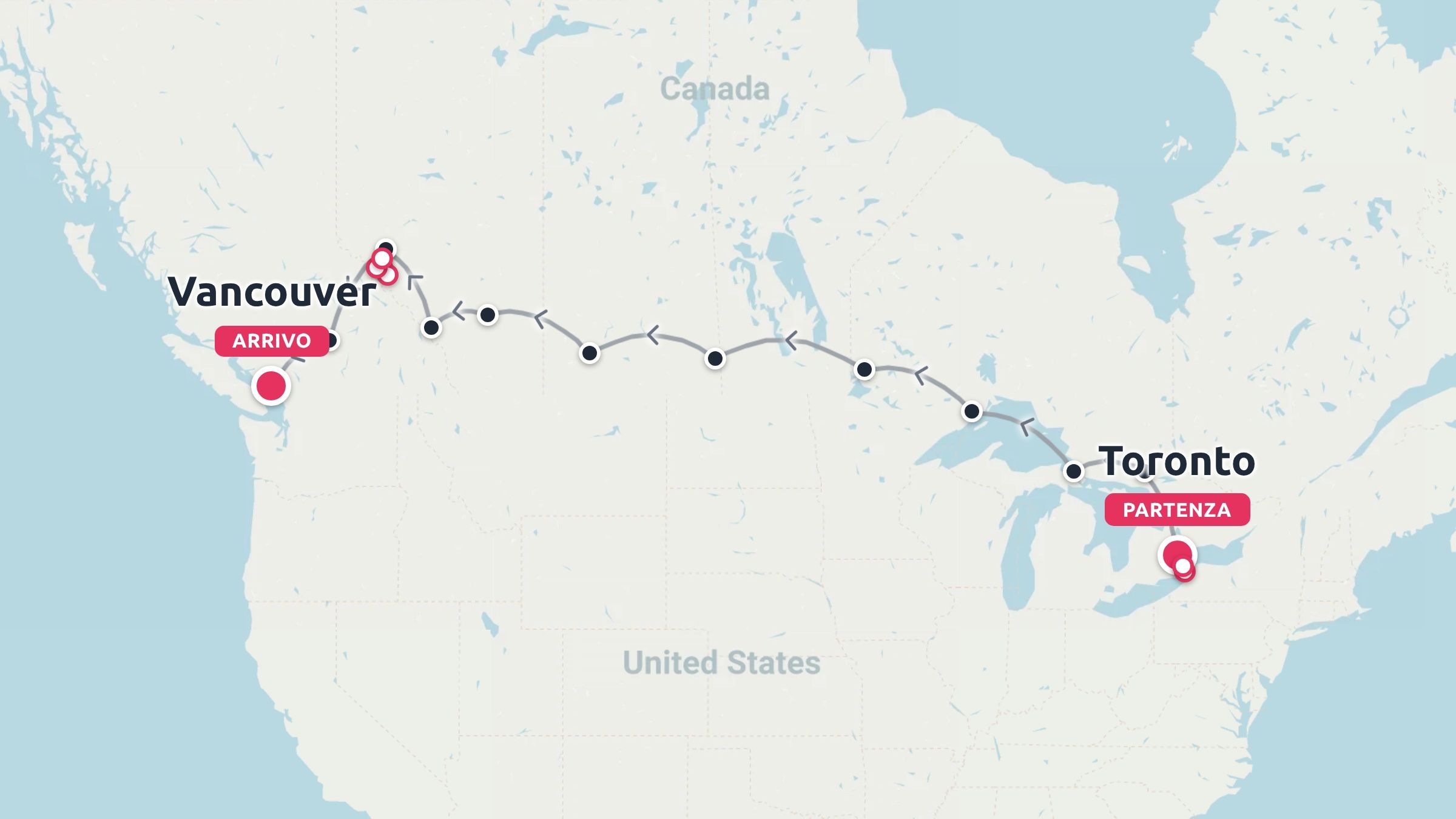 Un itinerario di viaggio in Canada che collega Toronto come punto di partenza e Vancouver come punto di arrivo.