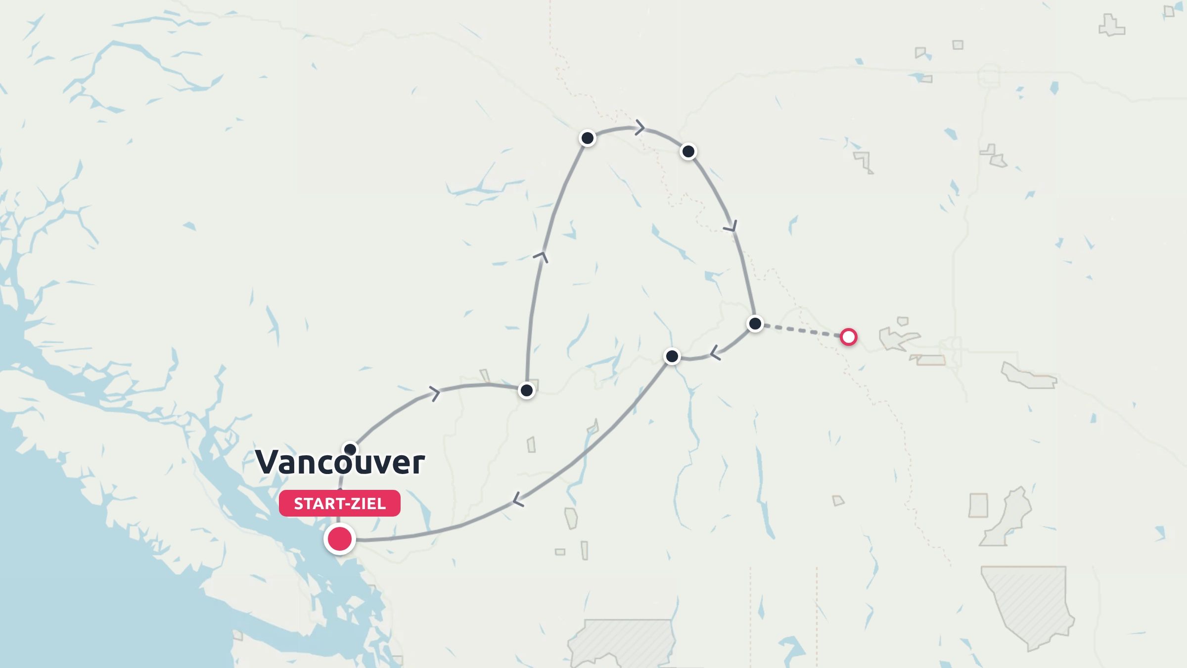 Eine Reisekartenroute, die eine kreisförmige Autoreise zeigt, die in Vancouver beginnt und endet, mit markierten Haltestellen.
