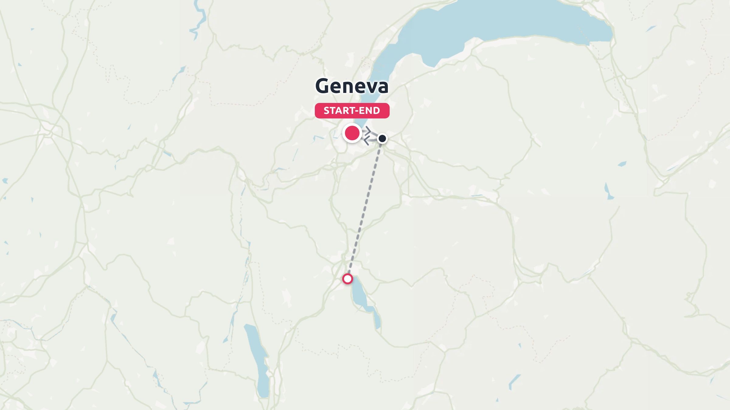A travel route map marking Geneva as the start and end point of an itinerary next to Lake Geneva.