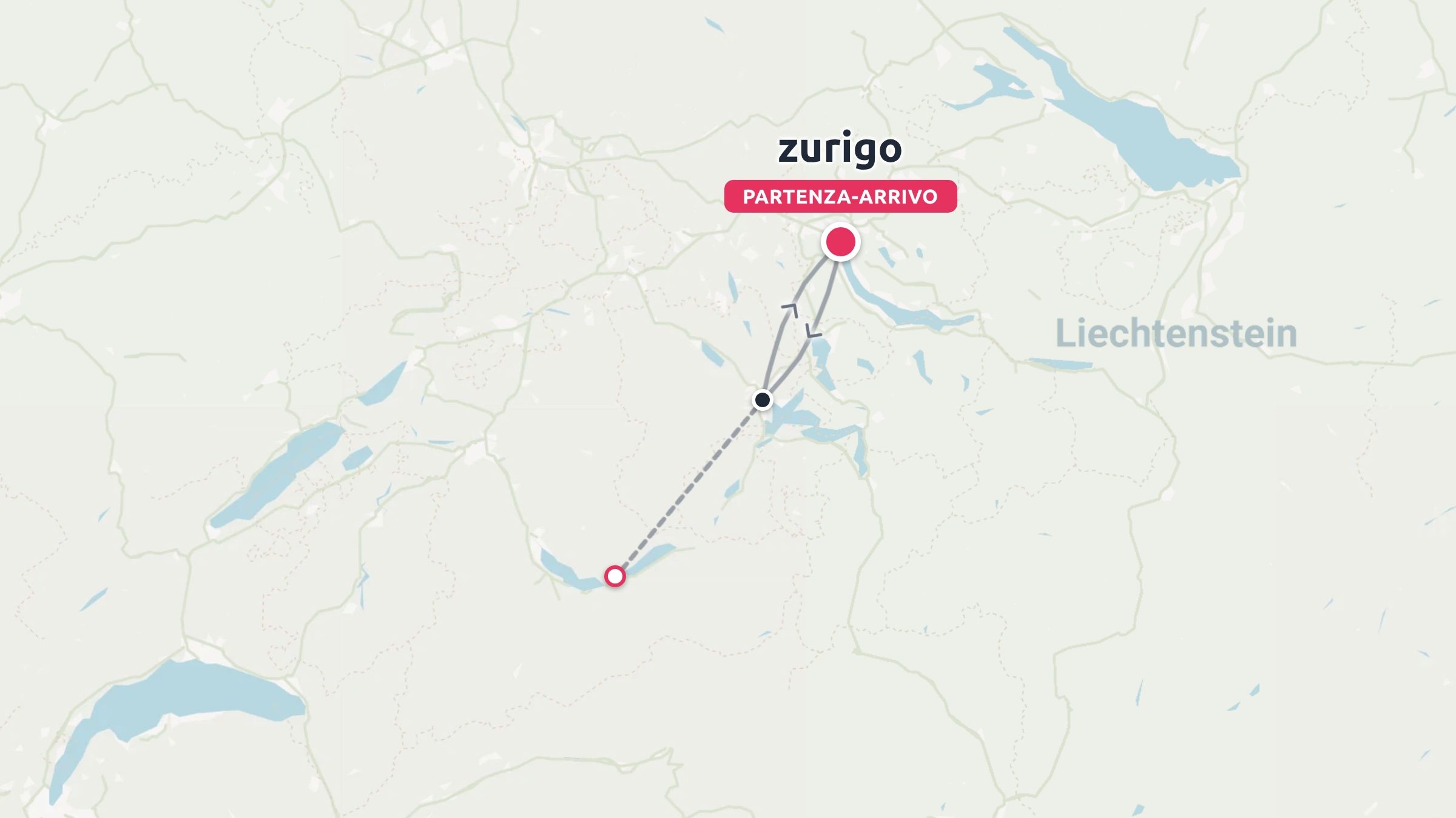 Mappa dell'itinerario di viaggio con partenza e arrivo a Zurigo, che mostra i percorsi di destinazione vicino al Liechtenstein.