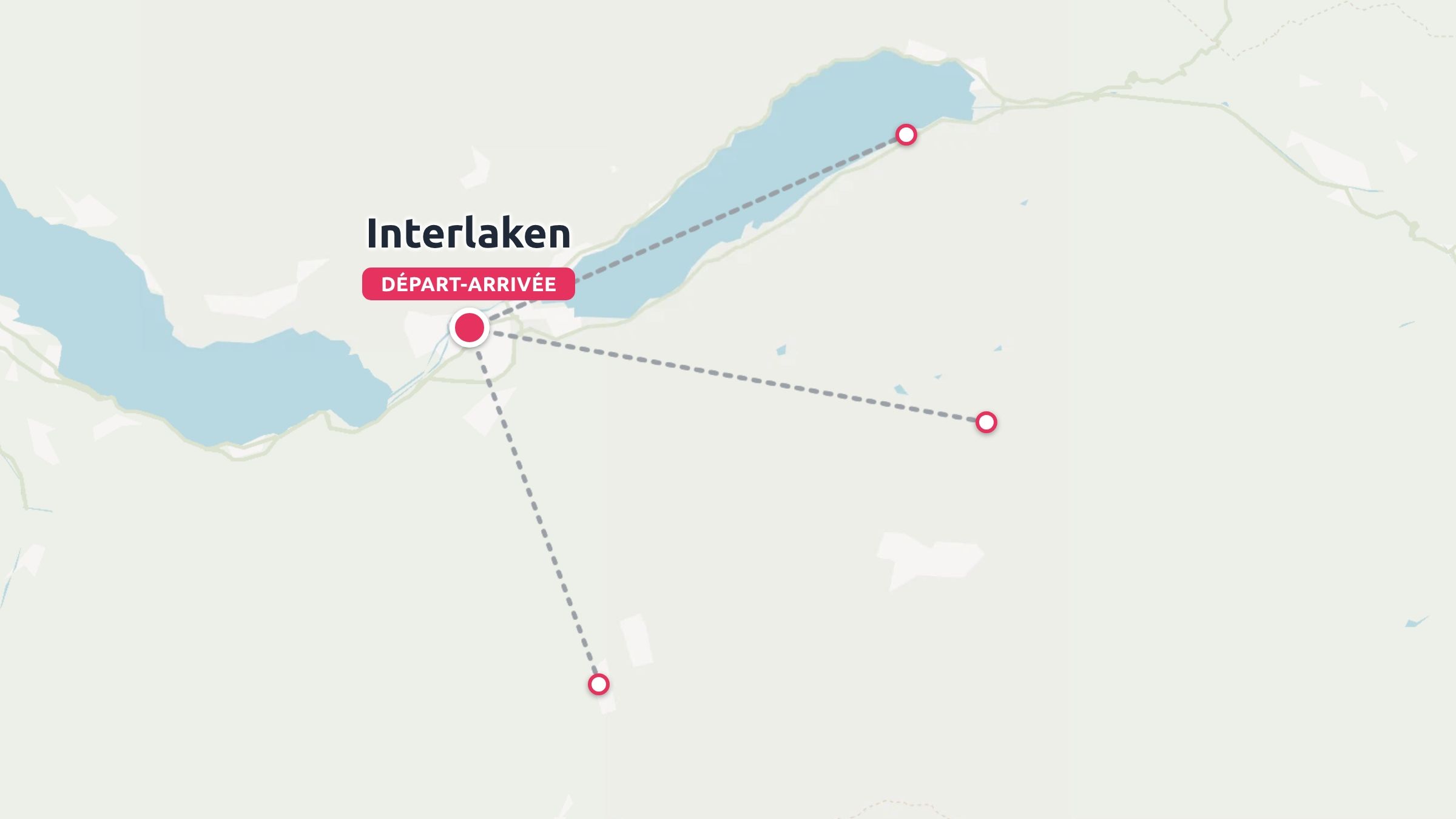 Une carte d'itinéraire de voyage montrant les points de départ et d'arrivée à Interlaken entre deux lacs avec des lignes d'itinéraire en pointillés.