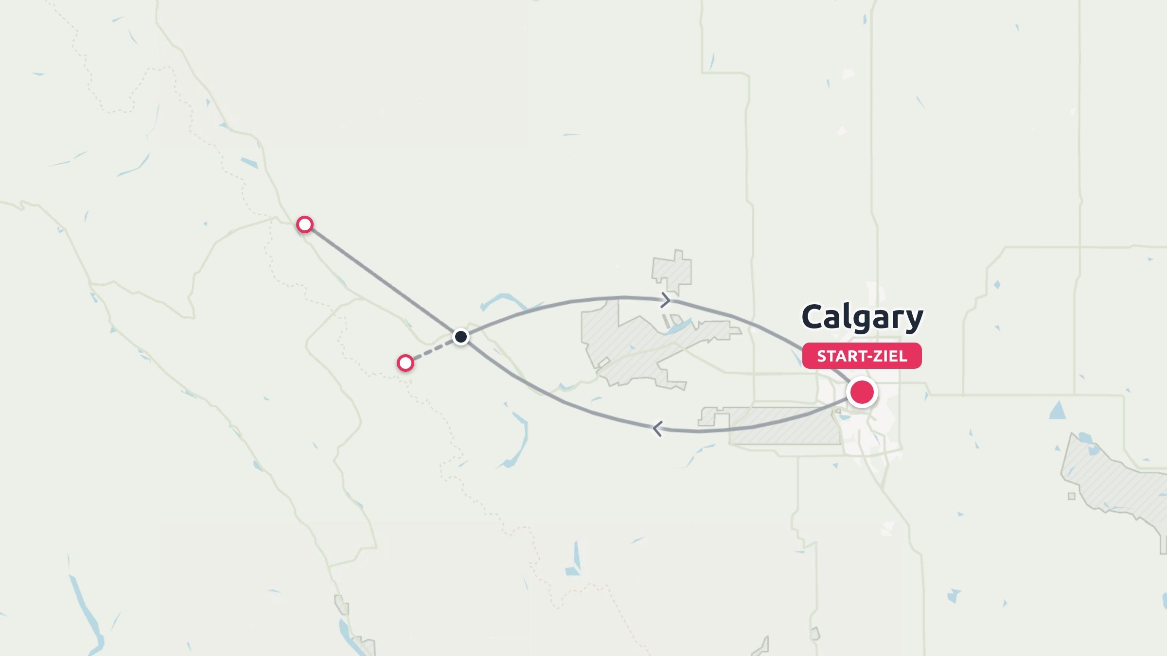 Eine Reiseroute als Rundweg, die in Calgary beginnt und endet.