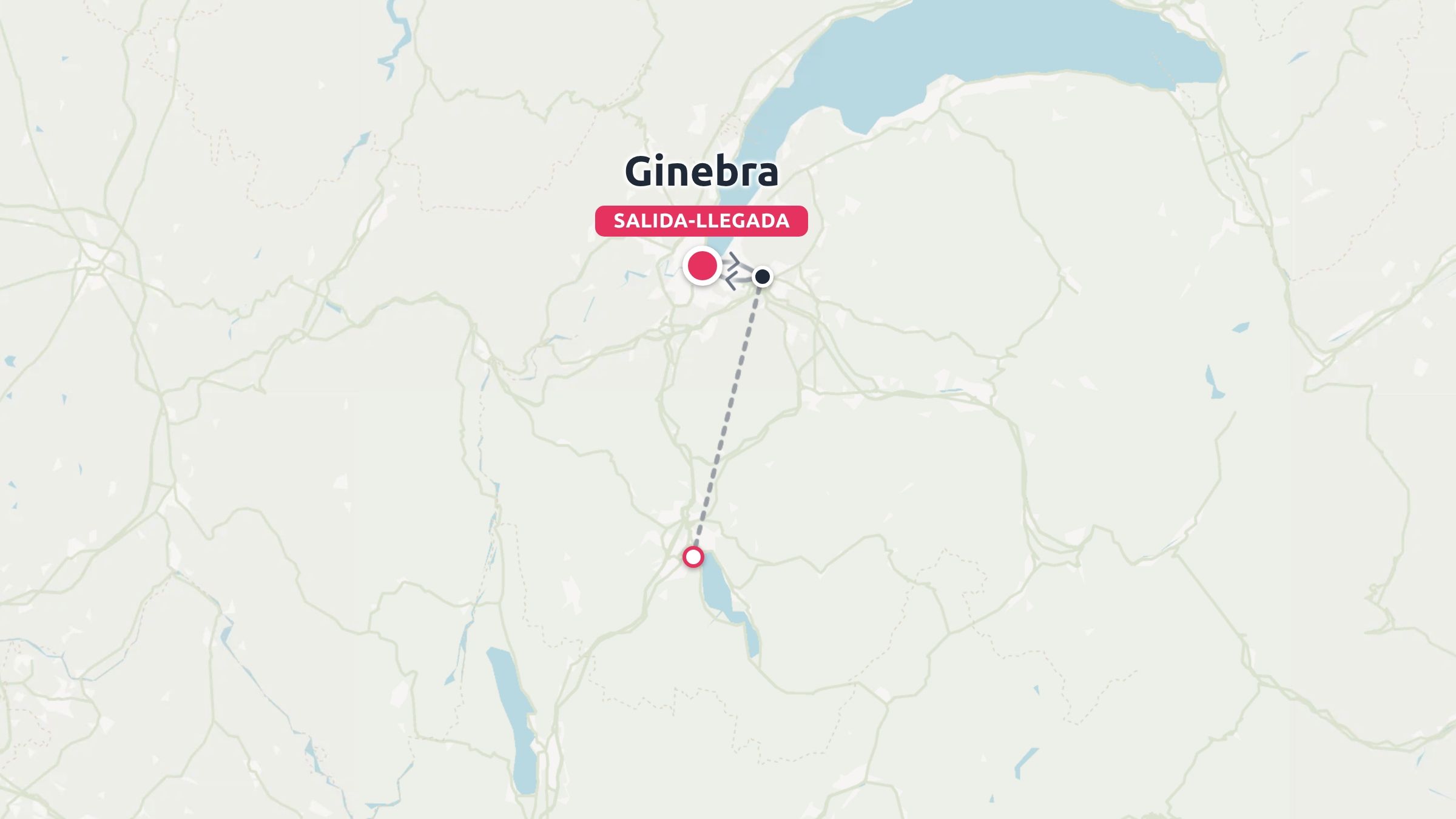 Un mapa de viajes que muestra una ruta de ida y vuelta que empieza y termina en Ginebra, marcada con una línea discontinua.