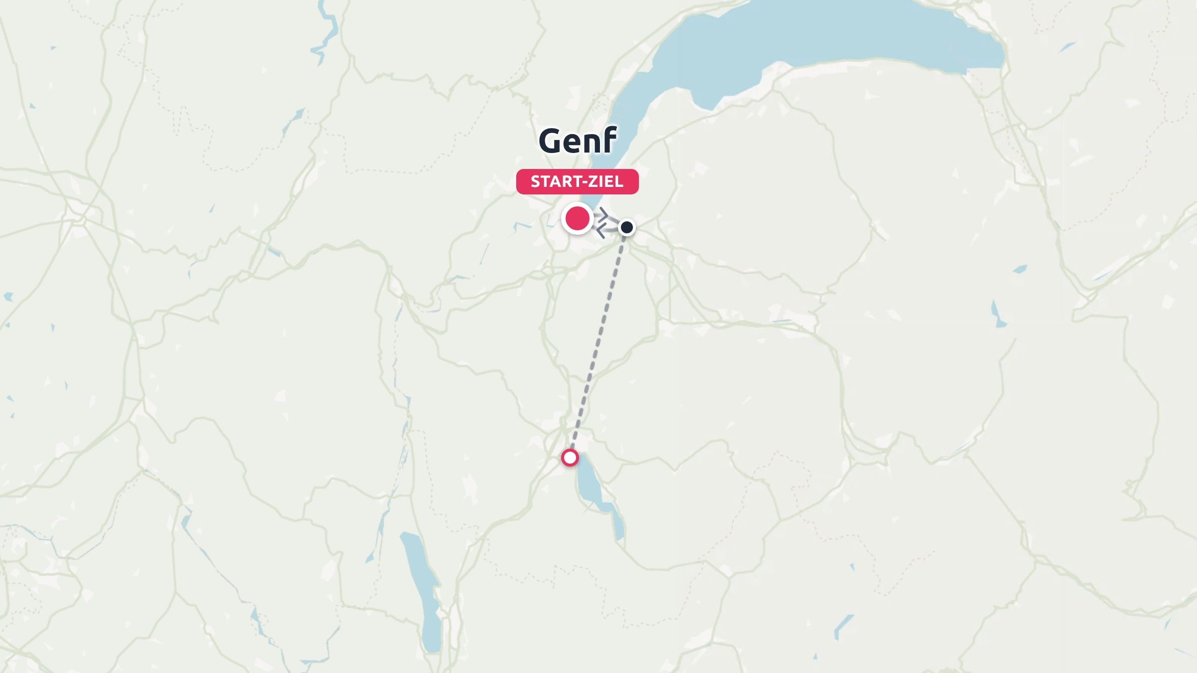 Eine Reiseroute, die Genf als Start und Ziel am Genfersee mit einem gestrichelten Pfad zeigt.