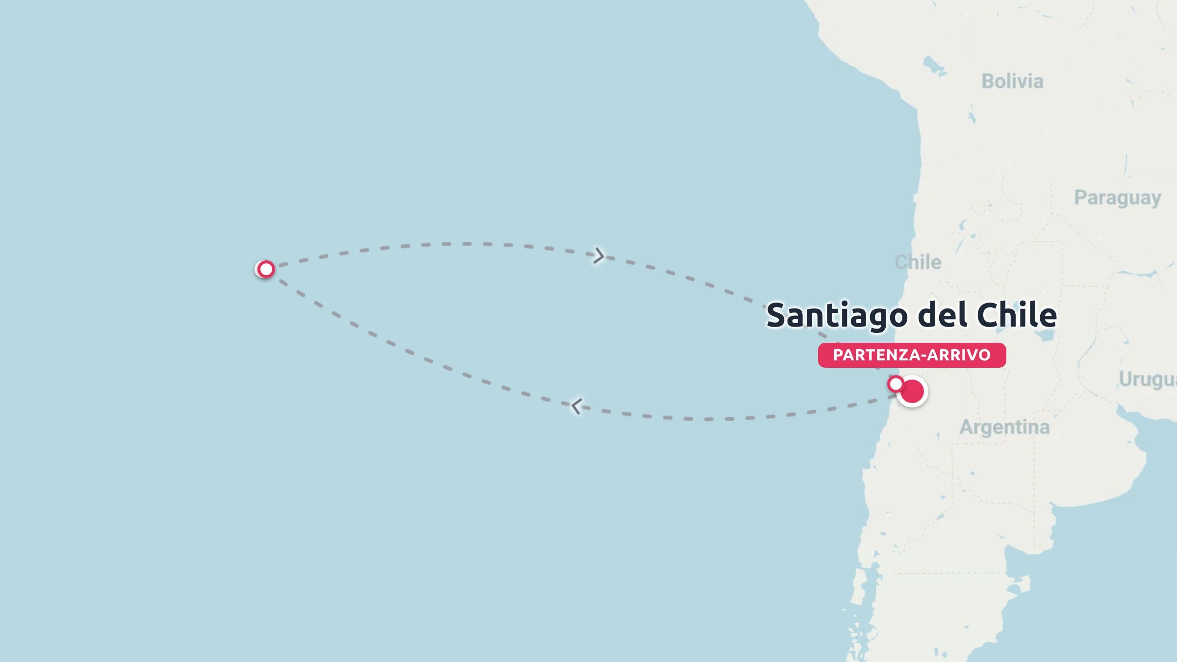Una mappa di un itinerario di viaggio che mostra una rotta di volo di andata e ritorno tra Santiago del Cile e un punto nell'Oceano Pacifico.
