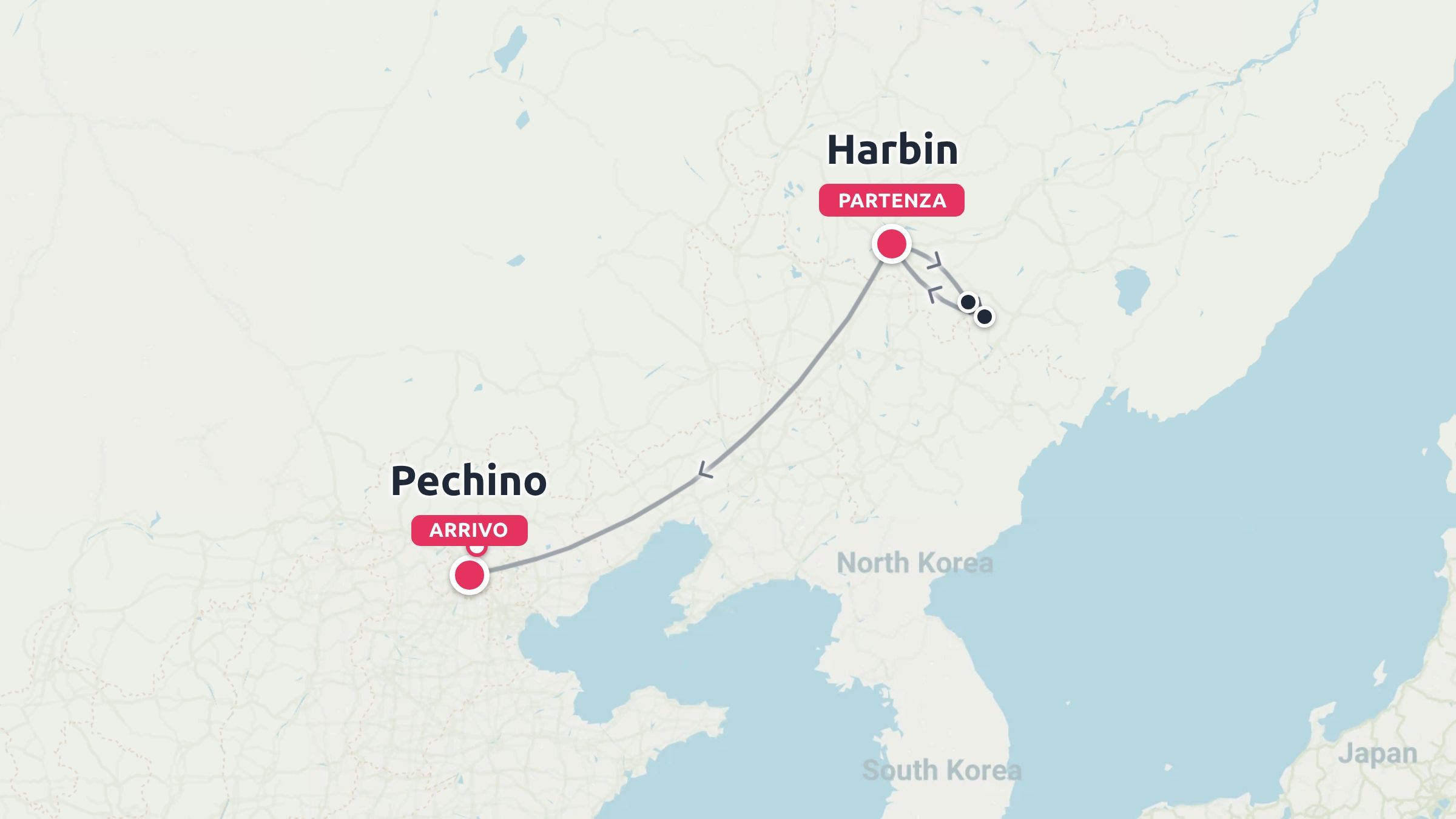 Una mappa di itinerario di viaggio che mostra un percorso che inizia a Harbin e termina a Pechino.
