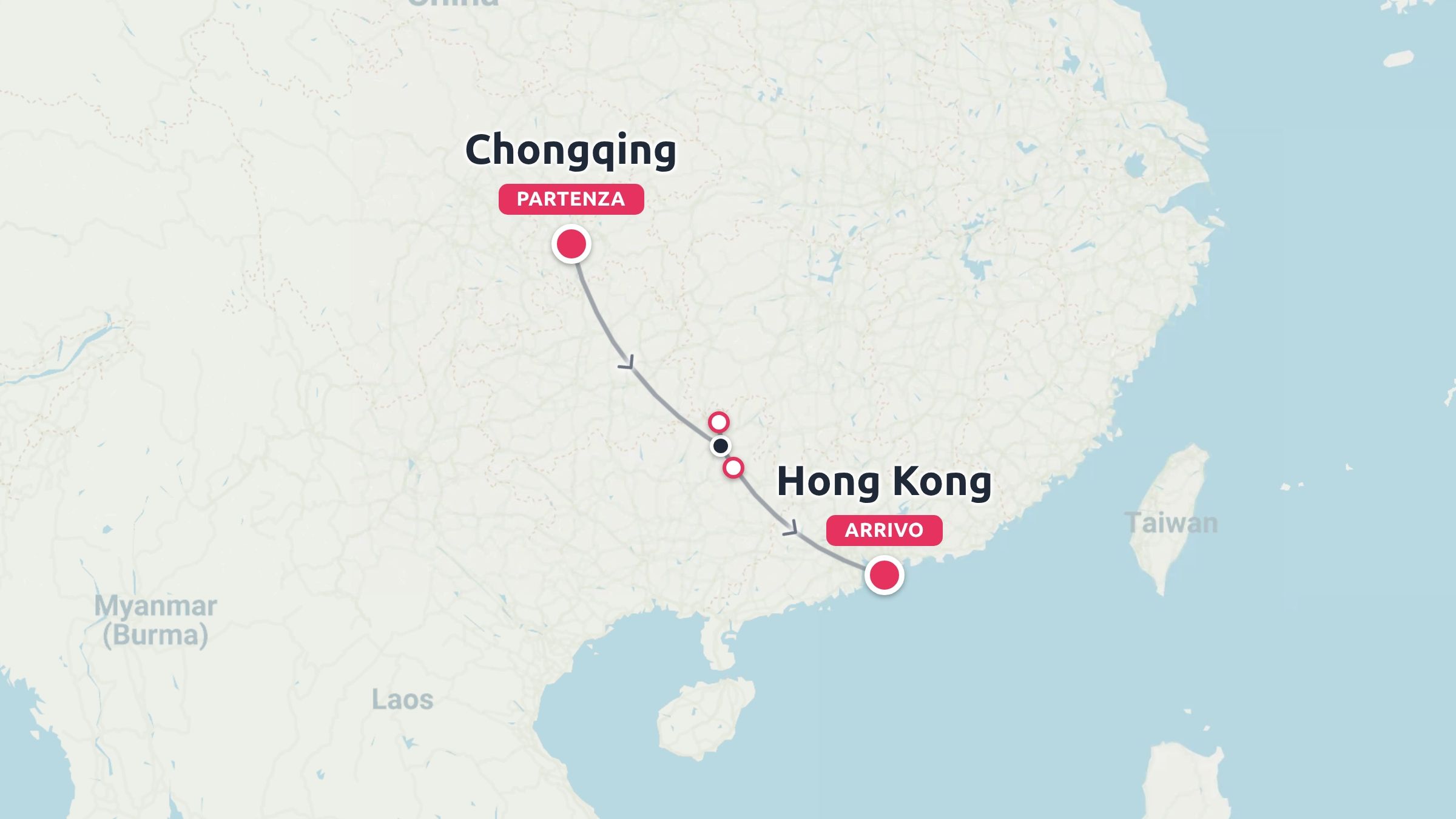 Una mappa di un itinerario di viaggio che mostra un percorso che inizia a Chongqing e arriva a Hong Kong