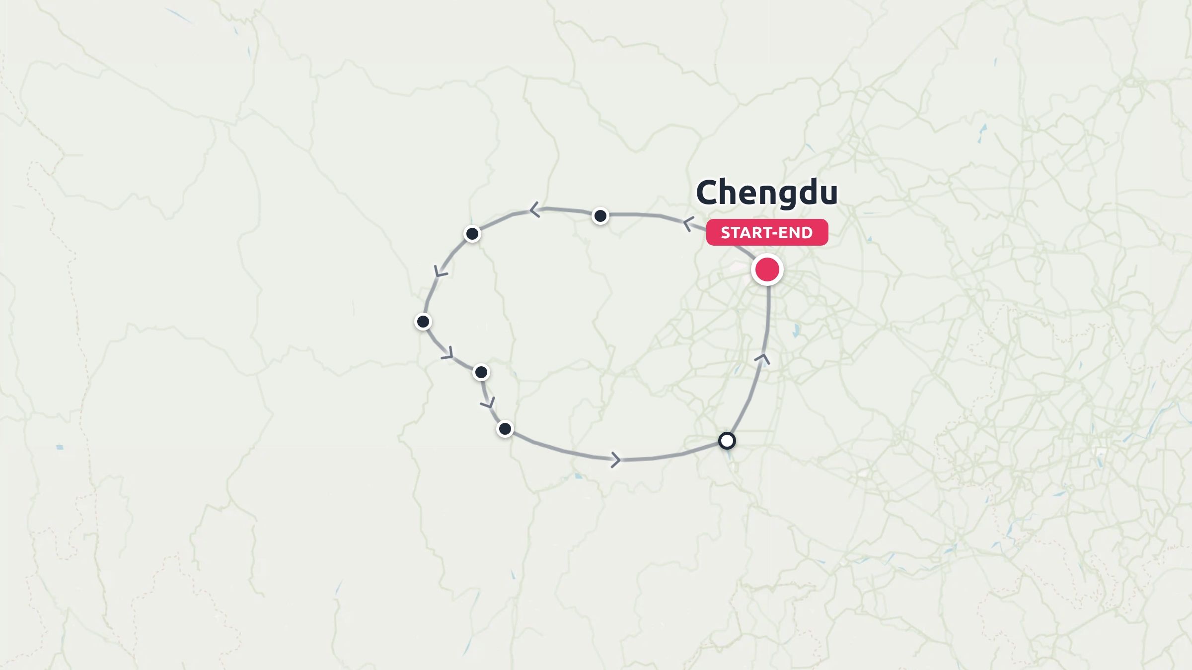 Travel map showing a circular route starting and ending in Chengdu with various waypoints indicated by black dots.