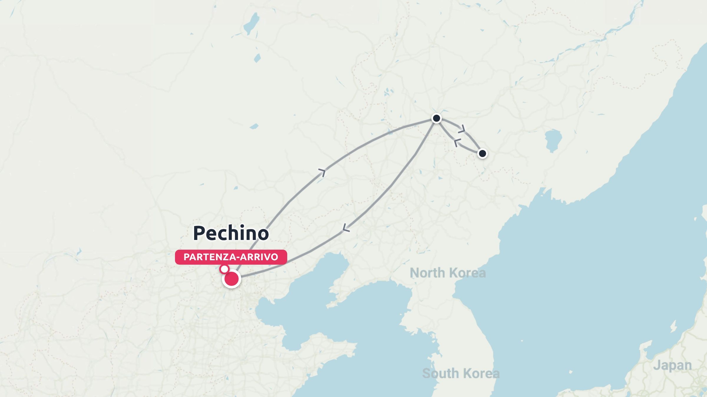 Un itinerario di viaggio con partenza e arrivo a Pechino, che compie un anello attraverso la Cina nord-orientale vicino alla Corea del Nord.