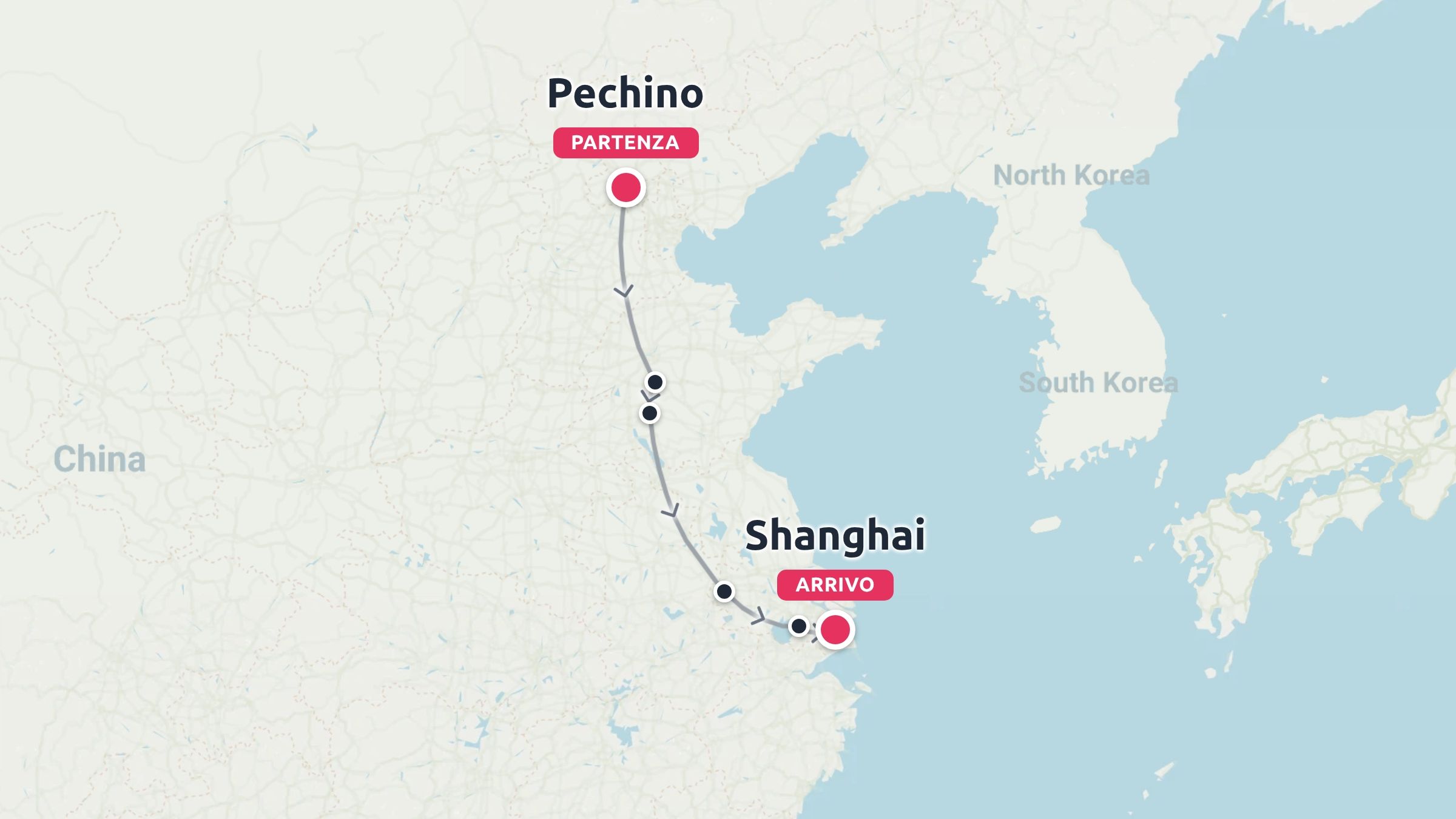 Mappa dell'itinerario di viaggio in Cina con una linea di rotta che parte da Pechino e arriva a Shanghai
