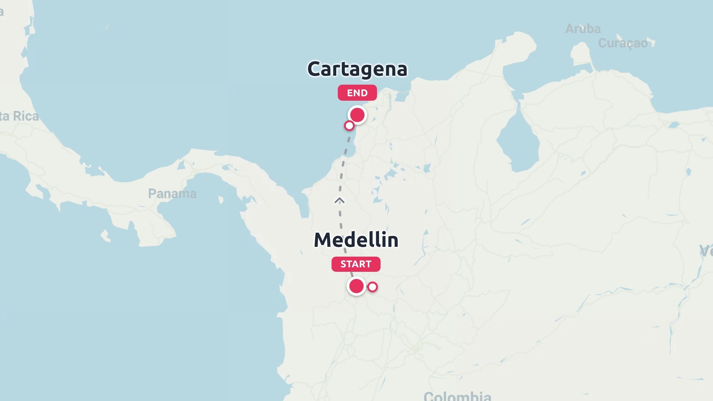 A travel route map in Colombia showing a dashed line path starting in Medellin and ending in Cartagena.