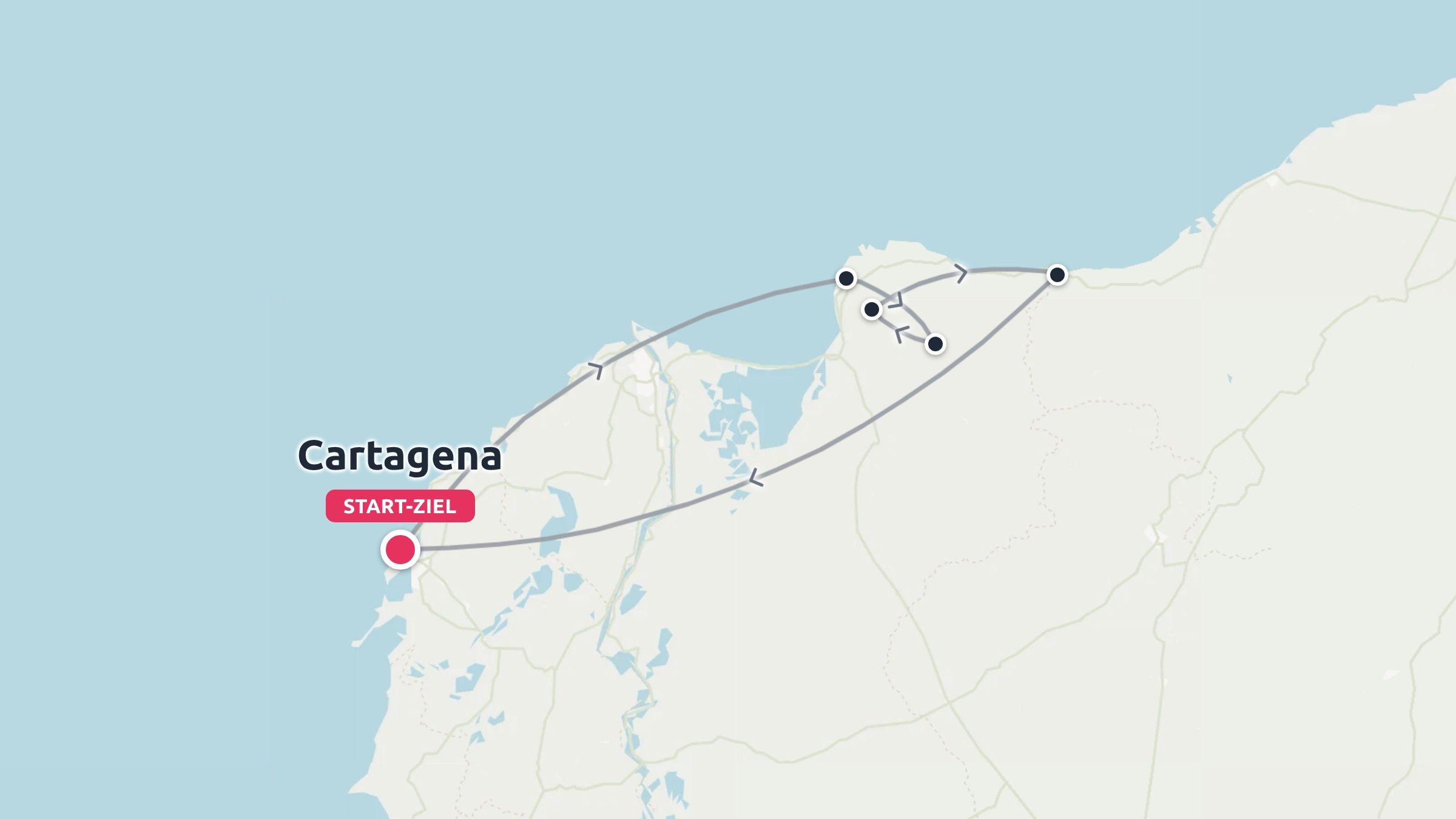 Eine Reiseroute, die eine Rundreise entlang der Küste mit Start und Ziel in Cartagena zeigt.