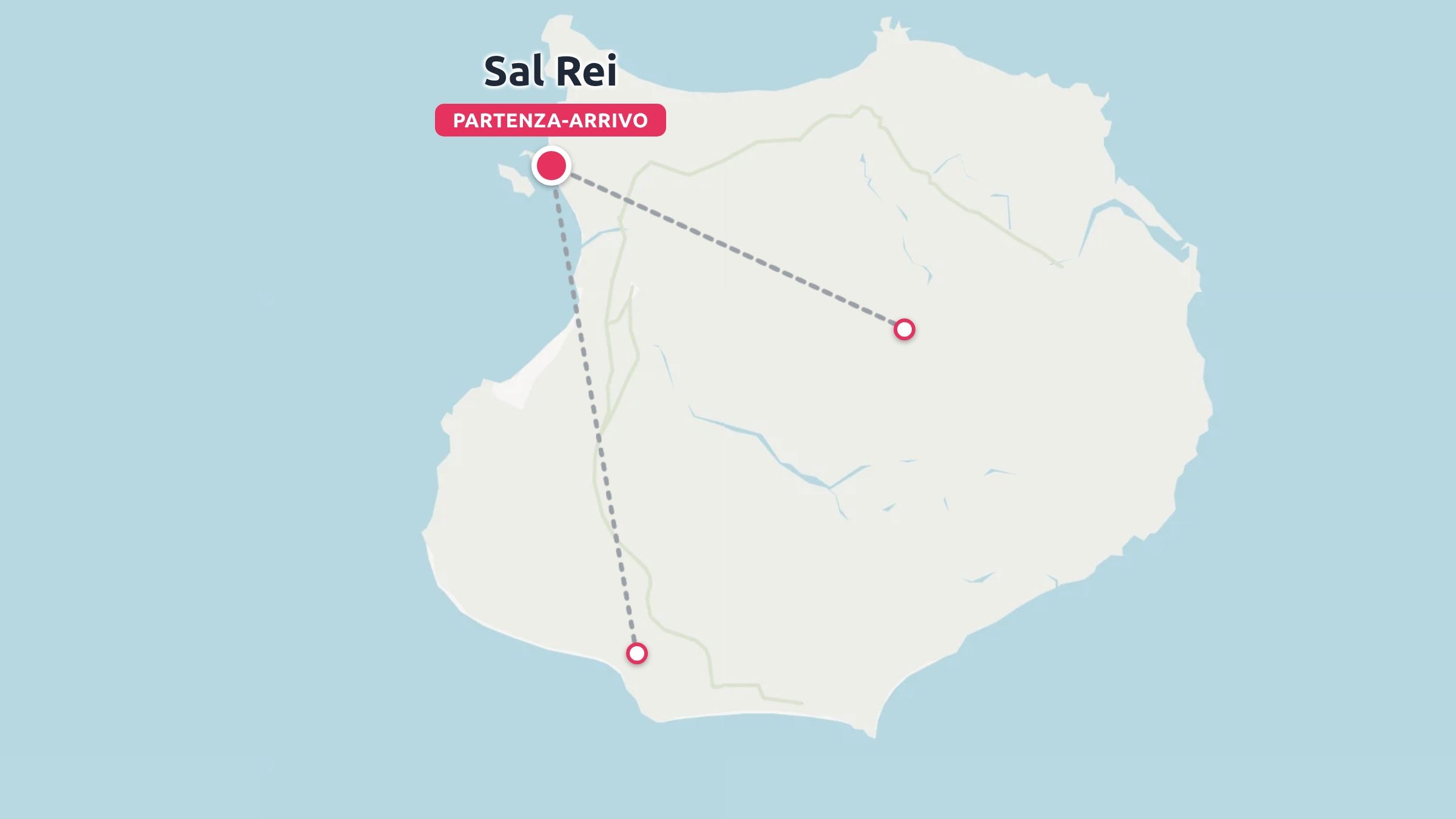 Mappa di viaggio di un'isola che illustra itinerari con partenza e arrivo a Sal Rei contrassegnati da linee tratteggiate.