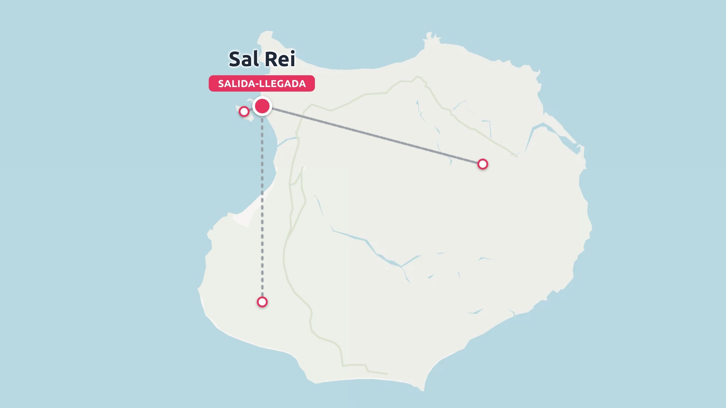 Un mapa que ilustra rutas de viaje con marcadores de ruta que comienzan y terminan en Sal Rei.