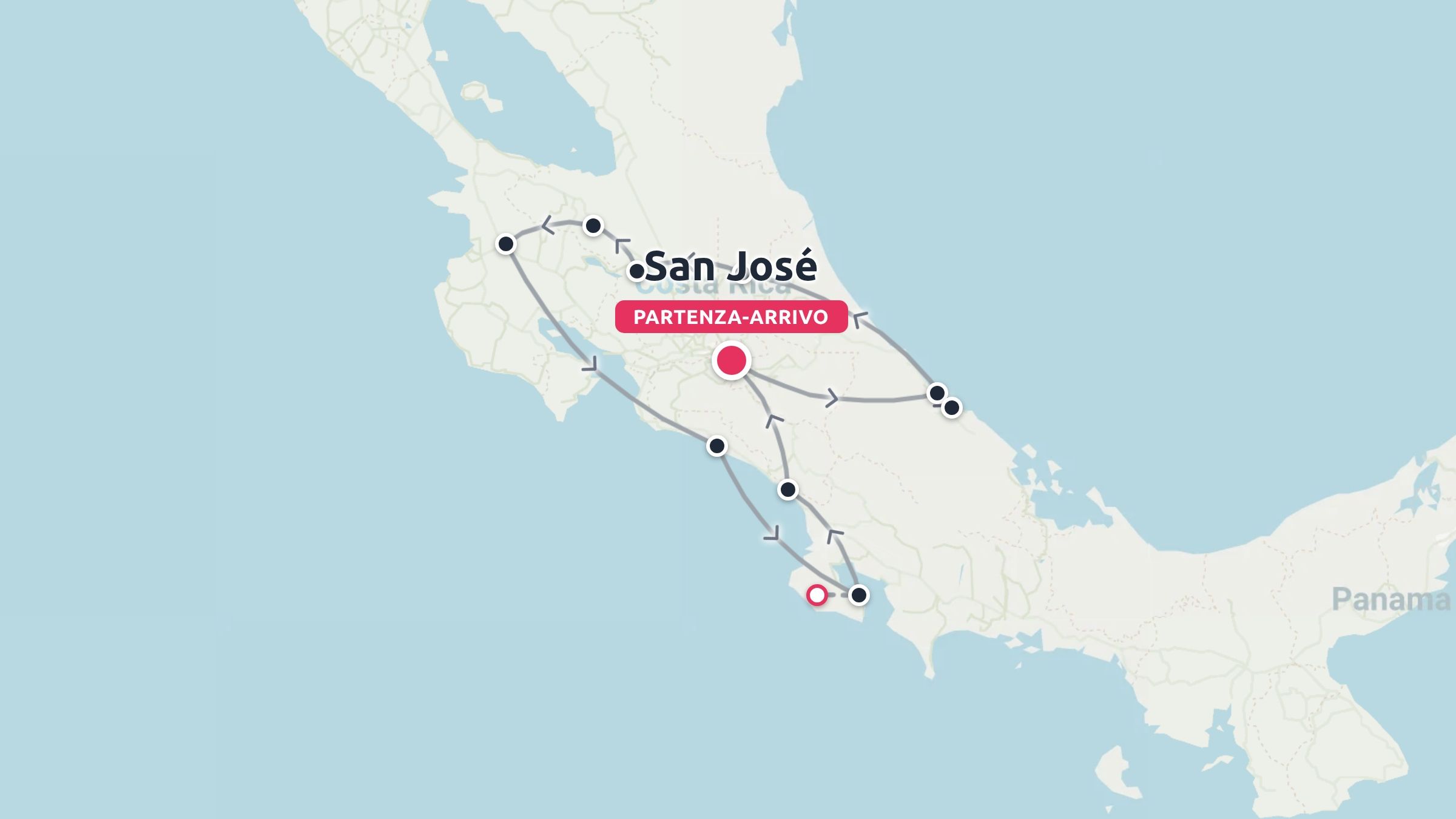Una mappa dell'itinerario di viaggio del Costa Rica che mostra un percorso circolare con partenza e arrivo a San José.