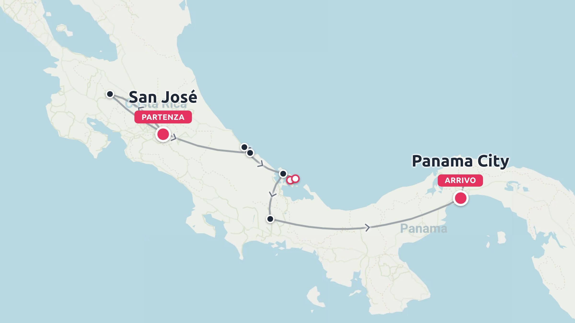 Una mappa dell'itinerario di viaggio che mostra un percorso con partenza da San José, in Costa Rica, e arrivo a Panama City, a Panama.