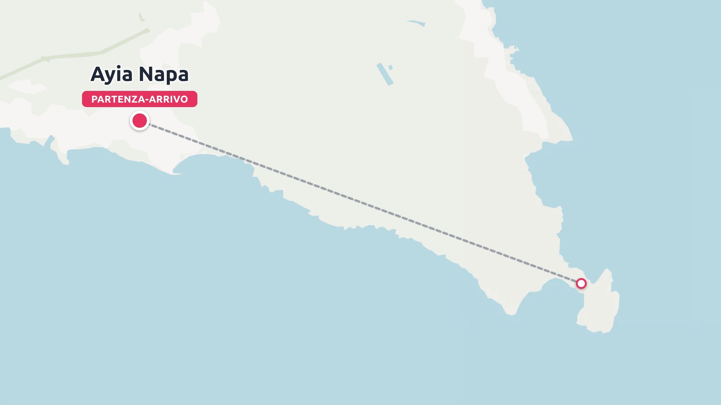 Una mappa dell'itinerario di viaggio che mostra un percorso tratteggiato lungo la costa con partenza e arrivo ad Ayia Napa