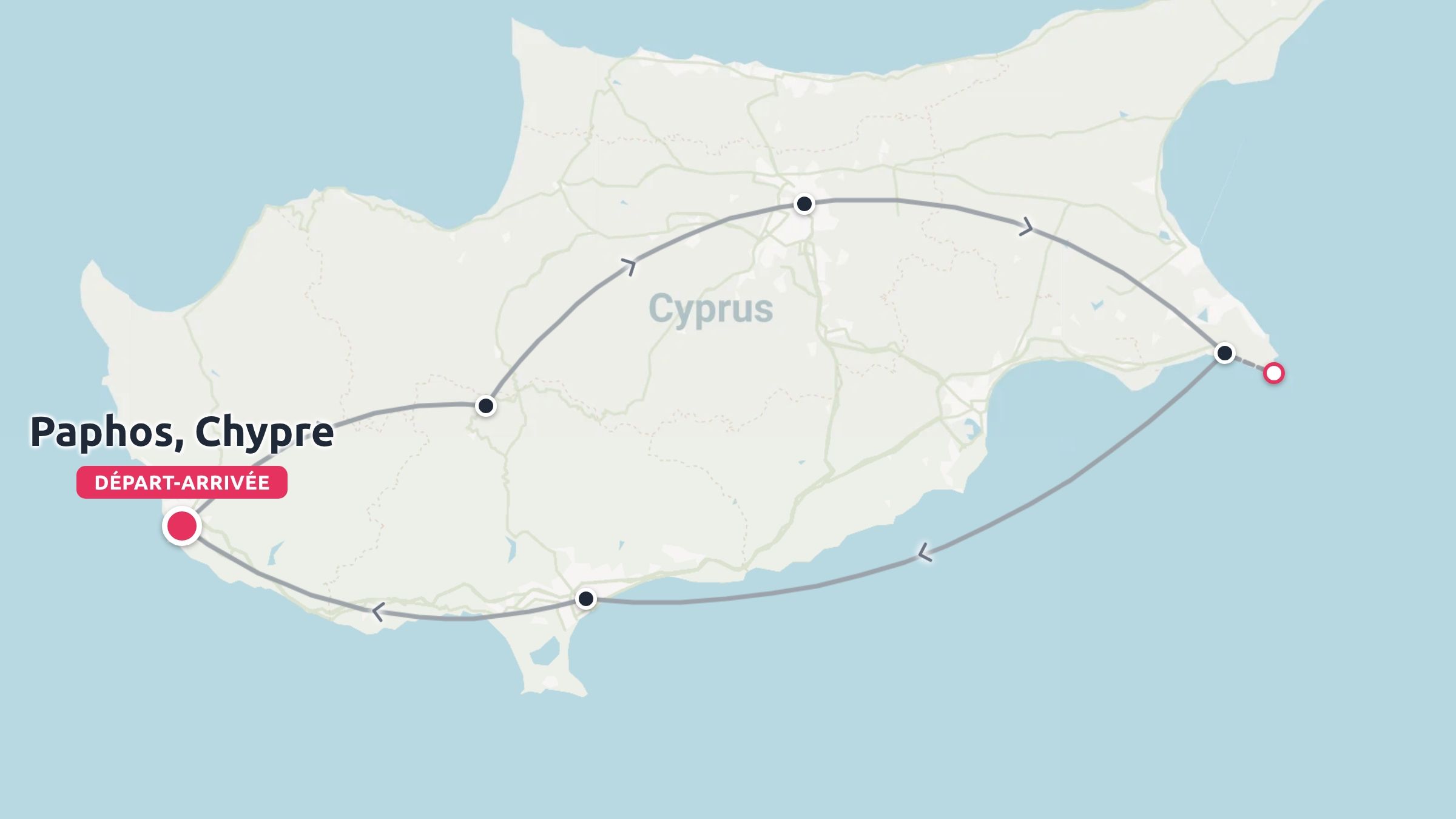 Une carte d'itinéraire de voyage de Chypre montrant un itinéraire circulaire commençant et se terminant à Paphos