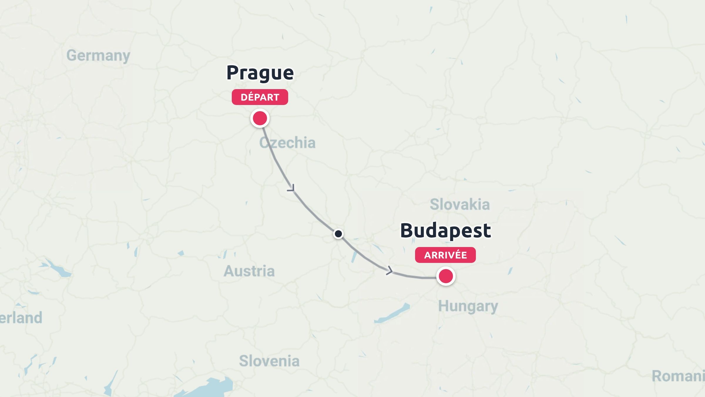 Une carte d'itinéraire de voyage montrant un parcours commençant à Prague, en Tchéquie, et se terminant à Budapest, en Hongrie.