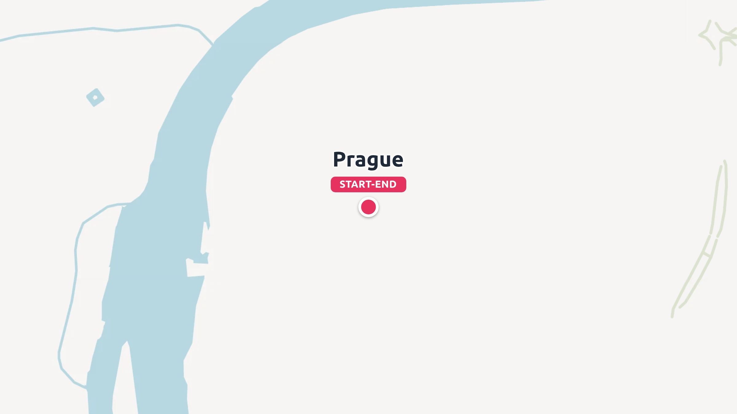 A travel route map marking Prague with a red pin labeled start and end near a blue river.