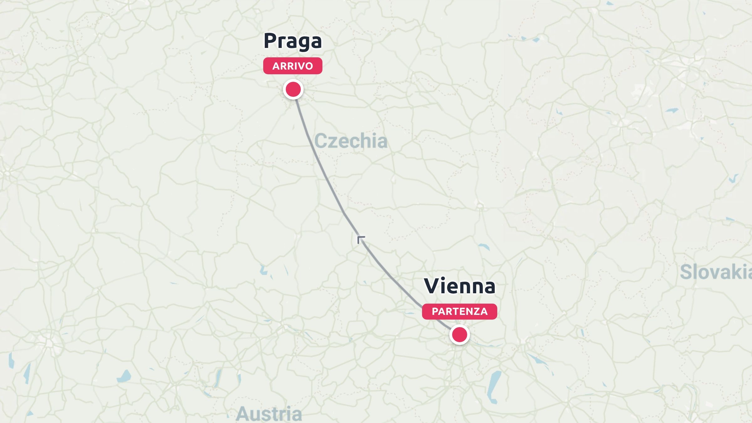 Una mappa che illustra un itinerario di viaggio da Vienna, in Austria, a Praga, in Cechia.