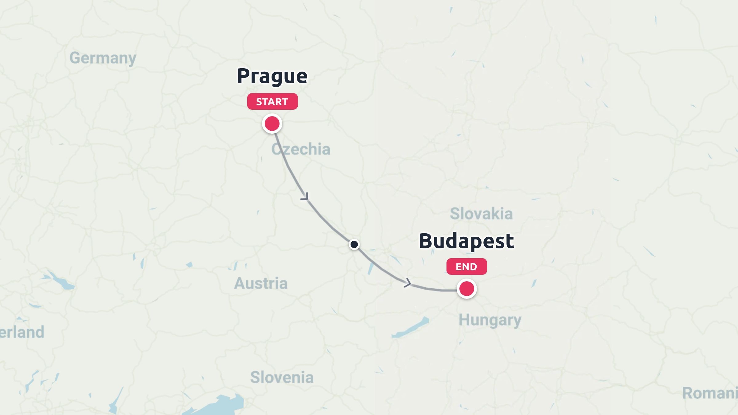 A travel route map showing an itinerary starting in Prague, Czechia and ending in Budapest, Hungary.