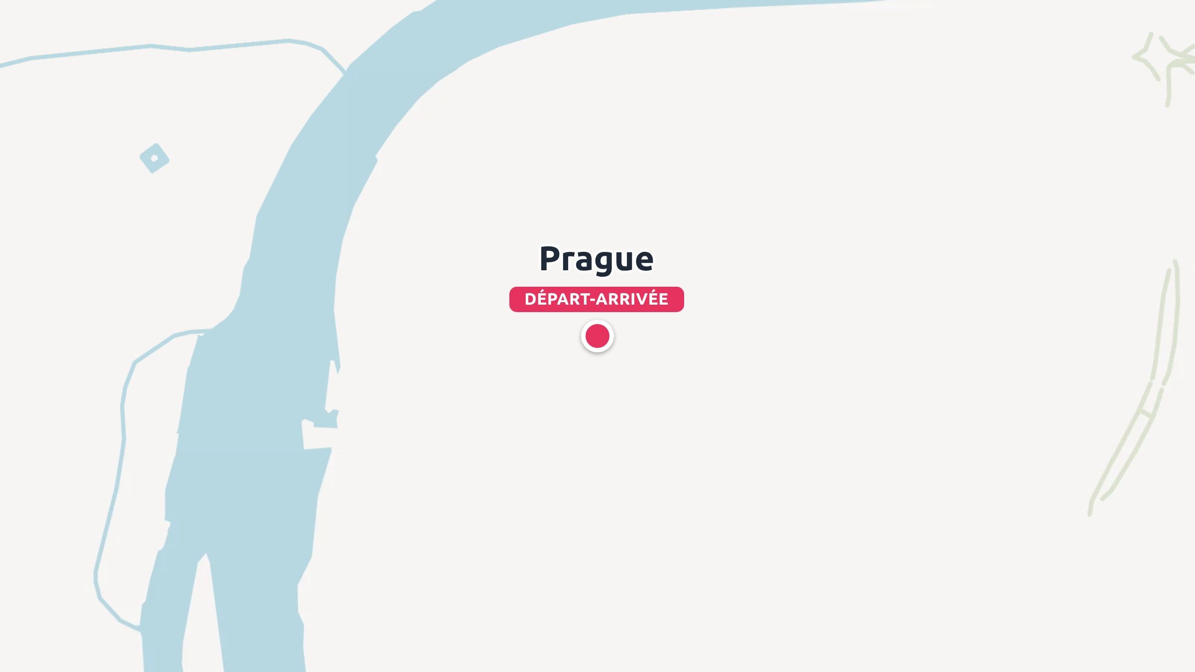 Une carte de voyage minimaliste mettant en valeur Prague comme point de départ et d'arrivée avec un marqueur rouge près d'une rivière