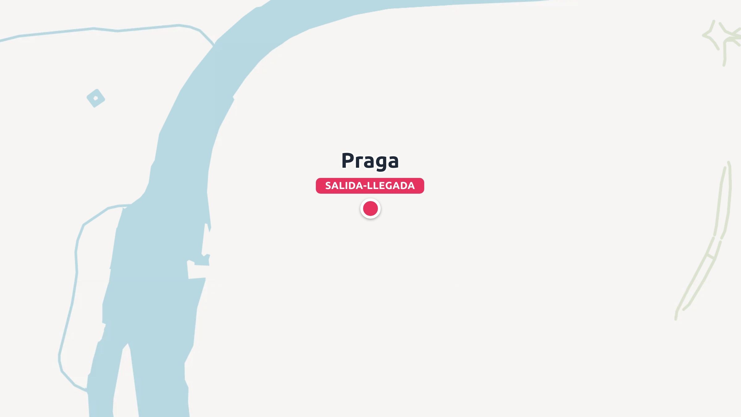 Un grafico de mapa minimalista que marca Praga junto a un río con un pin de ubicación rojo que indica salida y llegada.