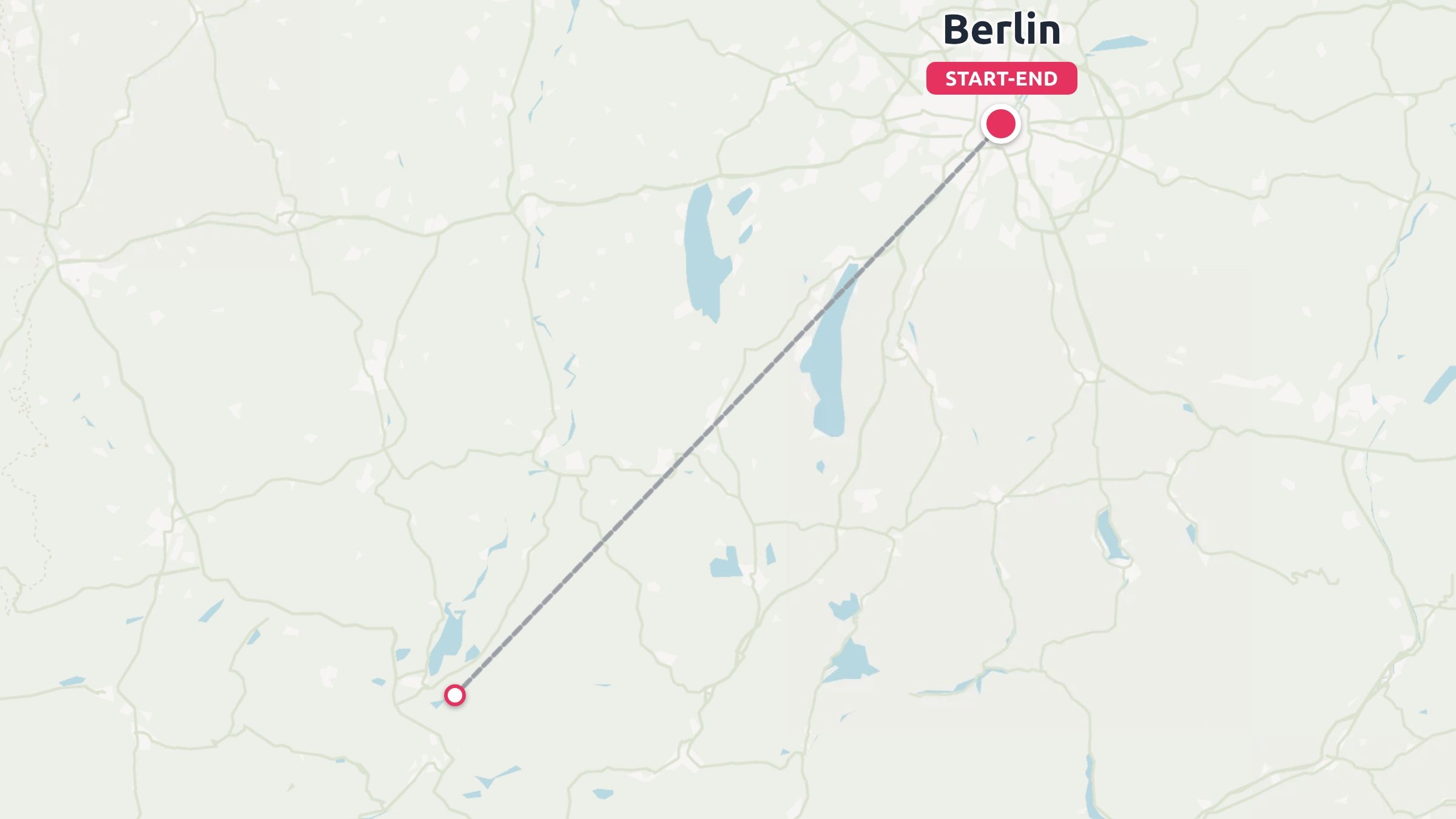 Travel route map showing a straight connection line starting and ending in Berlin, extending to the southwest.