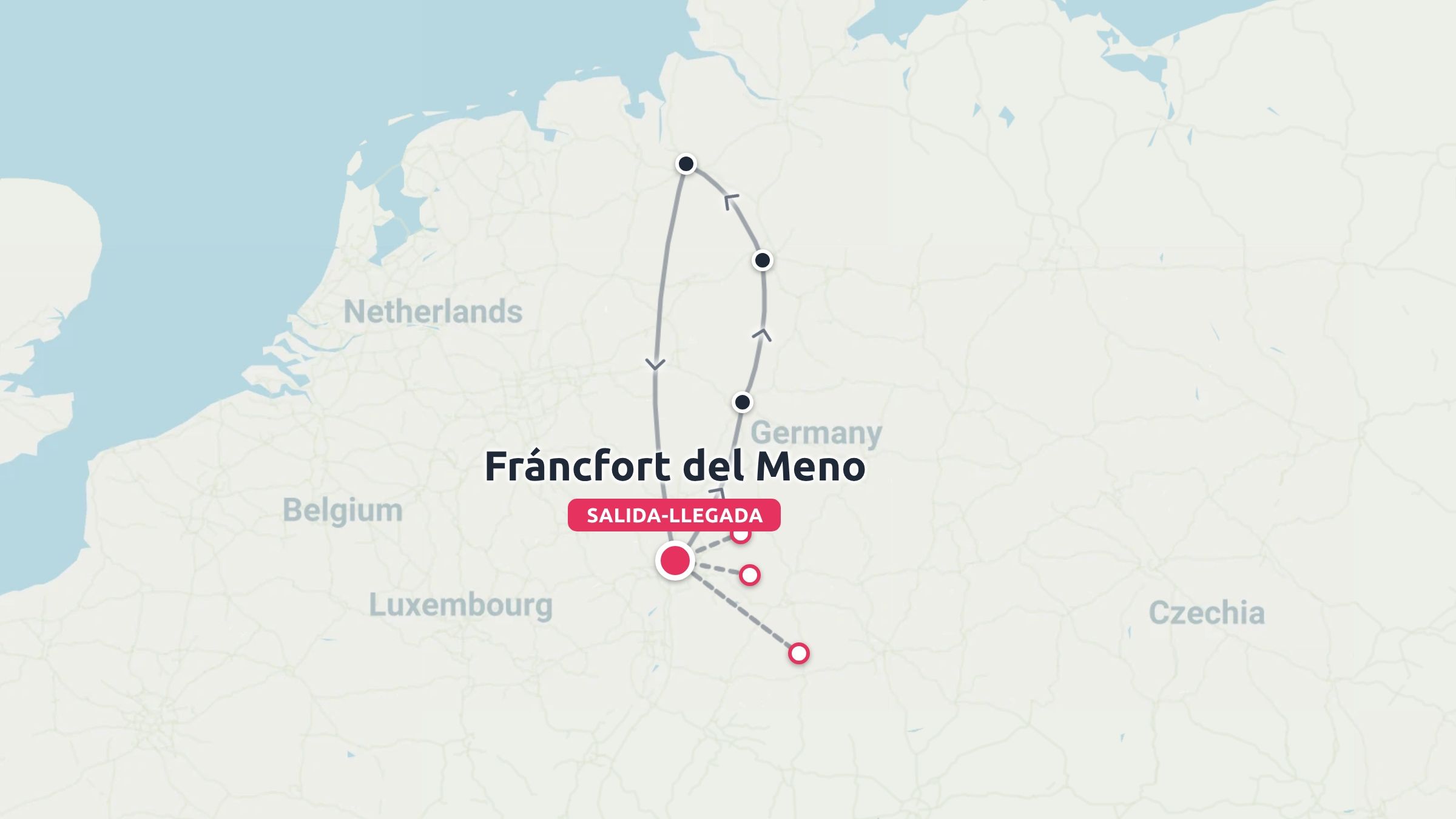 Una ruta de itinerario de viaje por Alemania, con inicio y fin en Frankfurt del Meno.