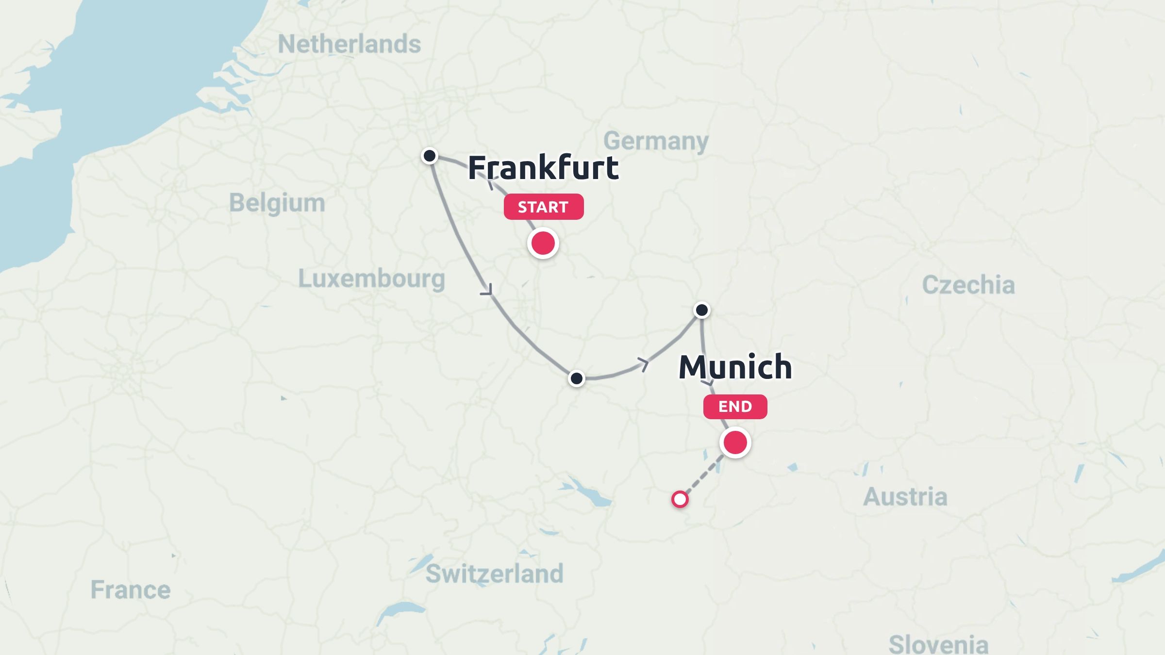 Travel map of Germany showing a route starting in Frankfurt and ending in Munich with route lines and markers.